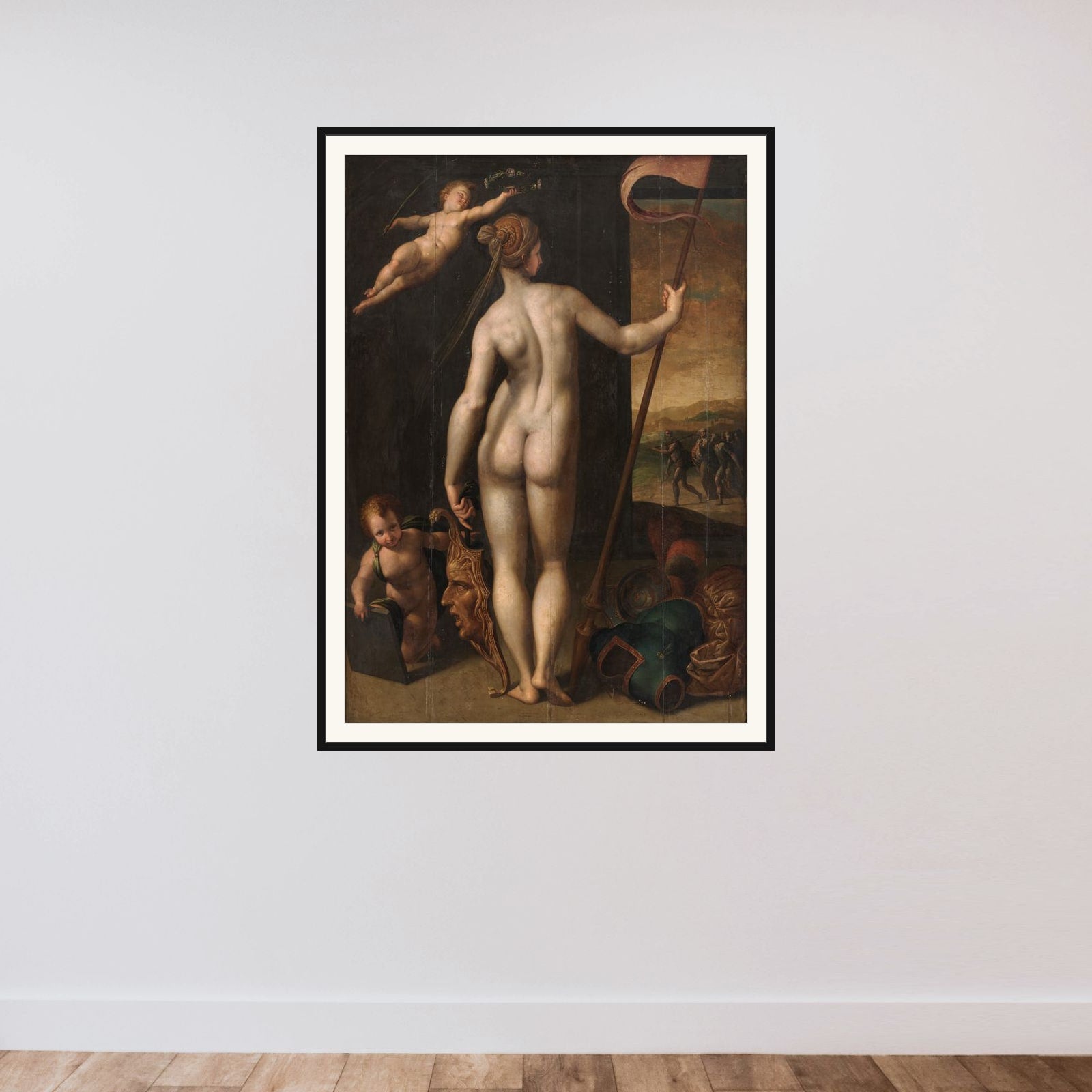 Minerva som Bellone framed — shown to scale