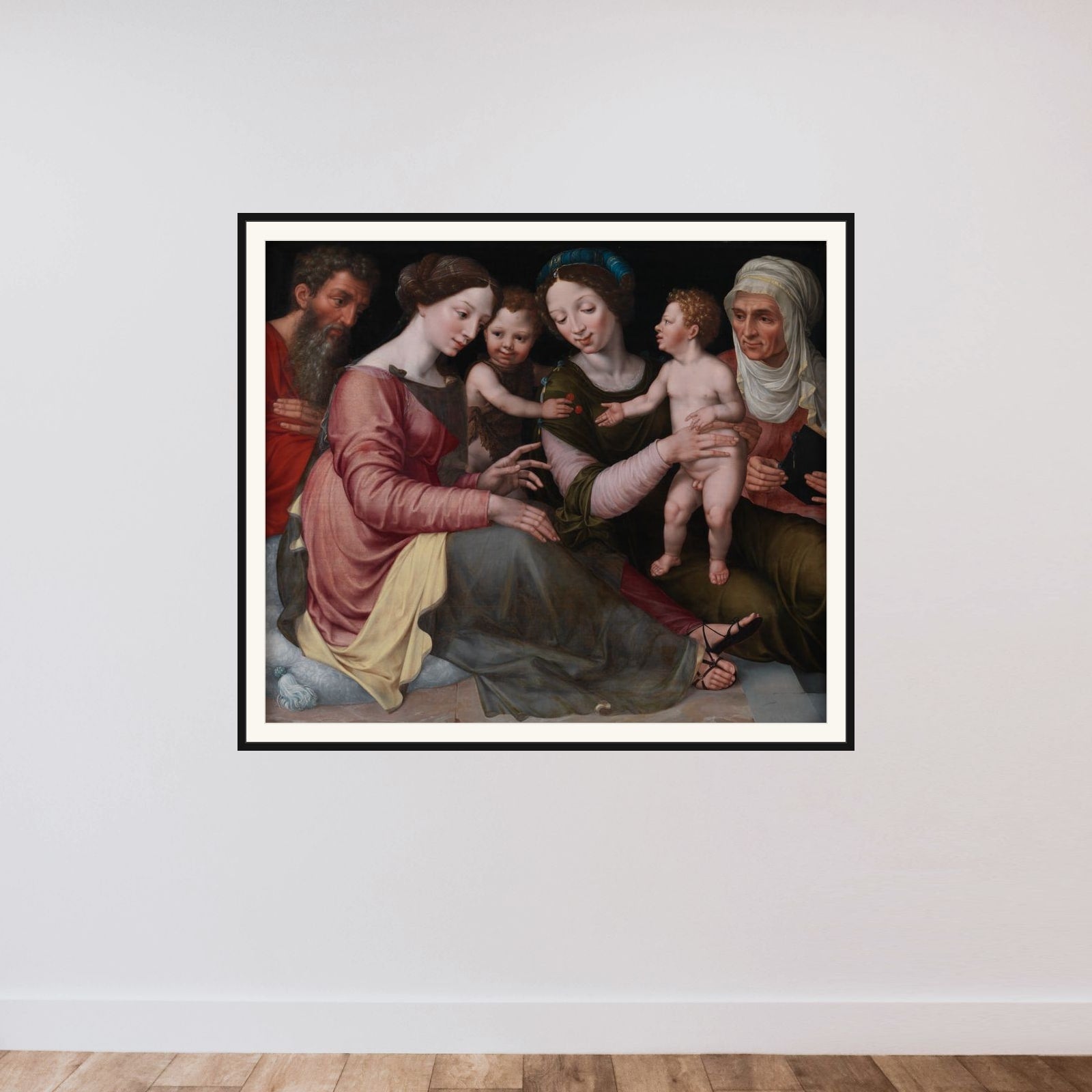 Den hellige familie med den lille Johannes, Skt. Elisabeth (Johannes' moder) og Skt. Anna (Marias moder) framed — shown to scale