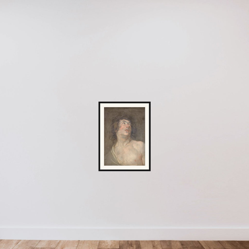 Studiehoved af en ung mand, som ser opad. Skt. Sebastian framed — shown to scale