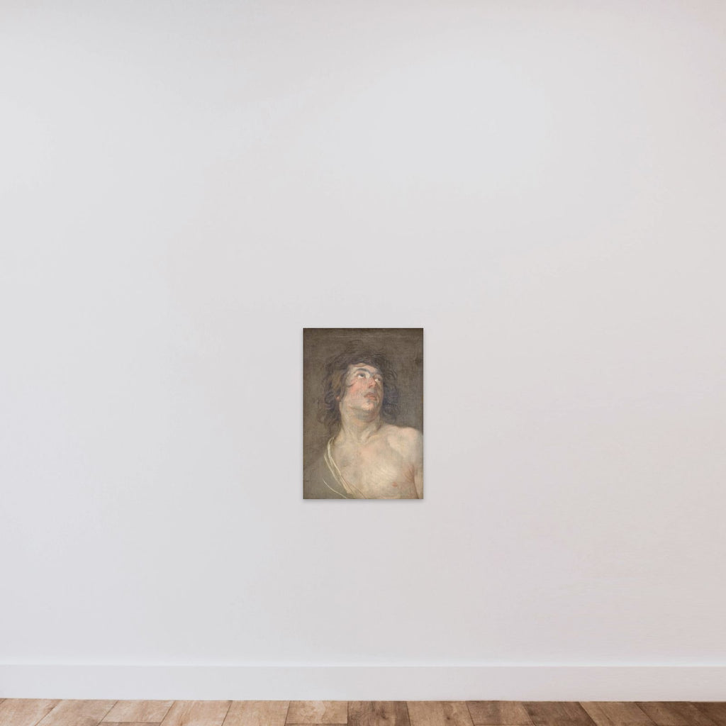 Studiehoved af en ung mand, som ser opad. Skt. Sebastian unframed — shown to scale