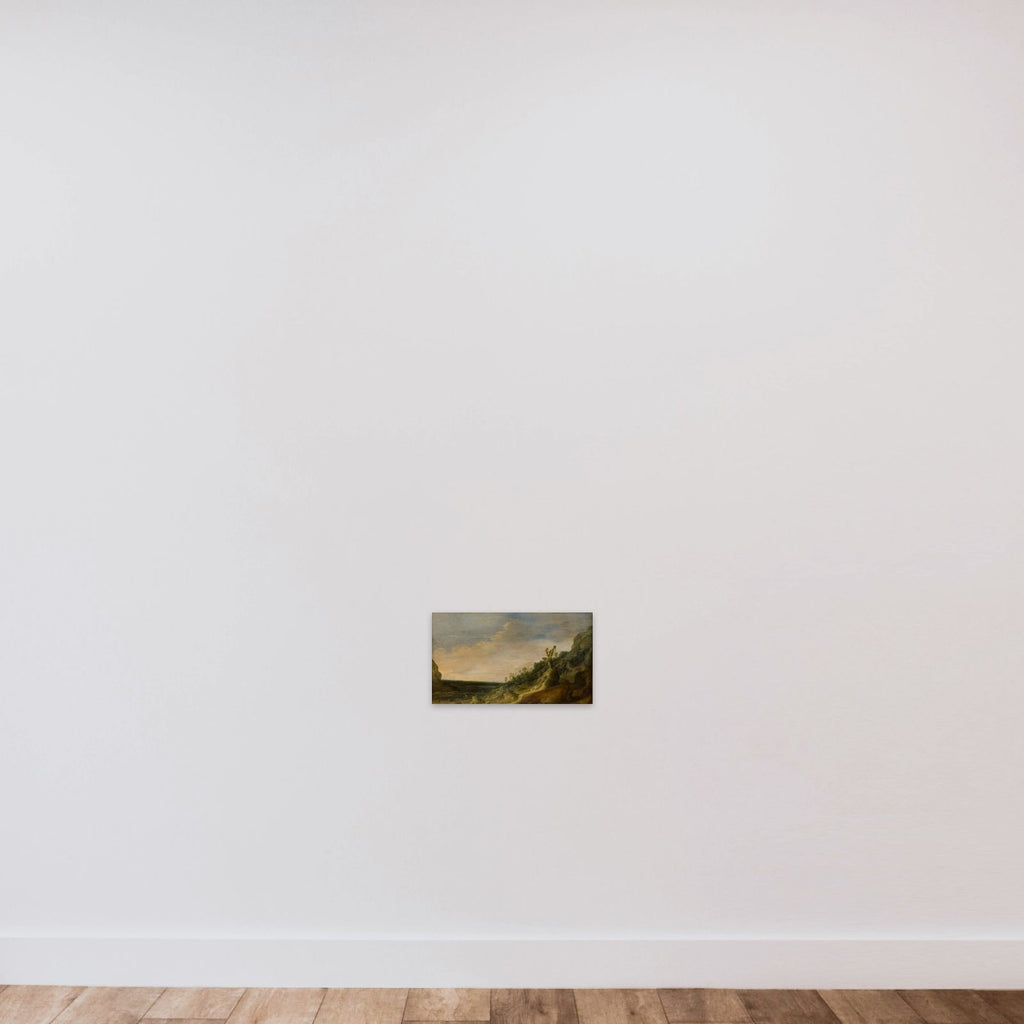 Bjerglandskab med udsigt over en flod og havet unframed — shown to scale