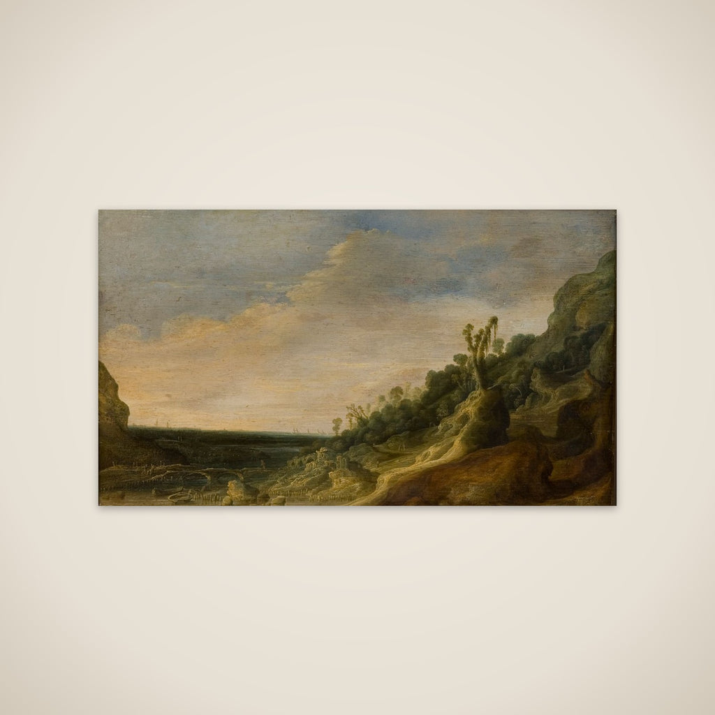 Bjerglandskab med udsigt over en flod og havet unframed print