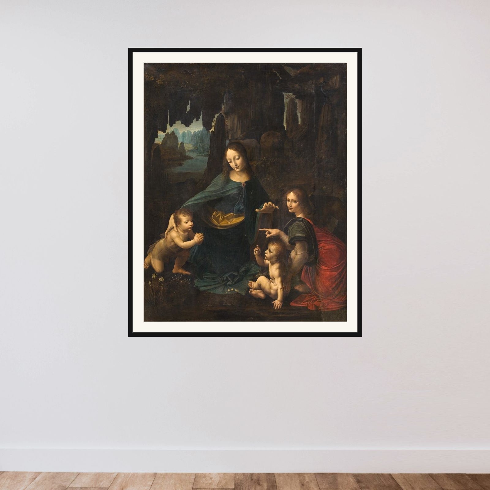 Madonna i klippegrotten framed — shown to scale