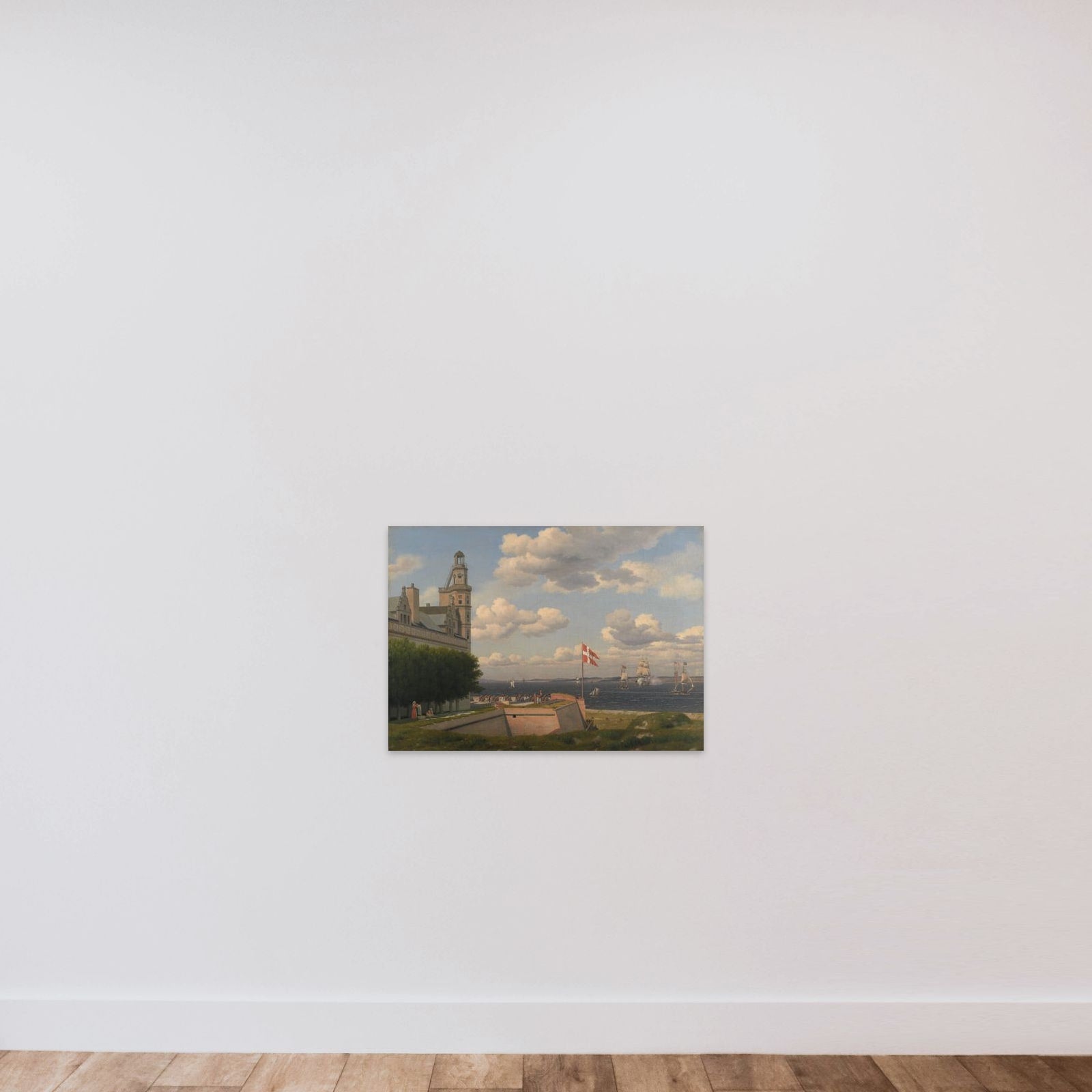 Udsigt fra Kronborg Vold over flagbatteriet og Sundet til den svenske kyst unframed — shown to scale