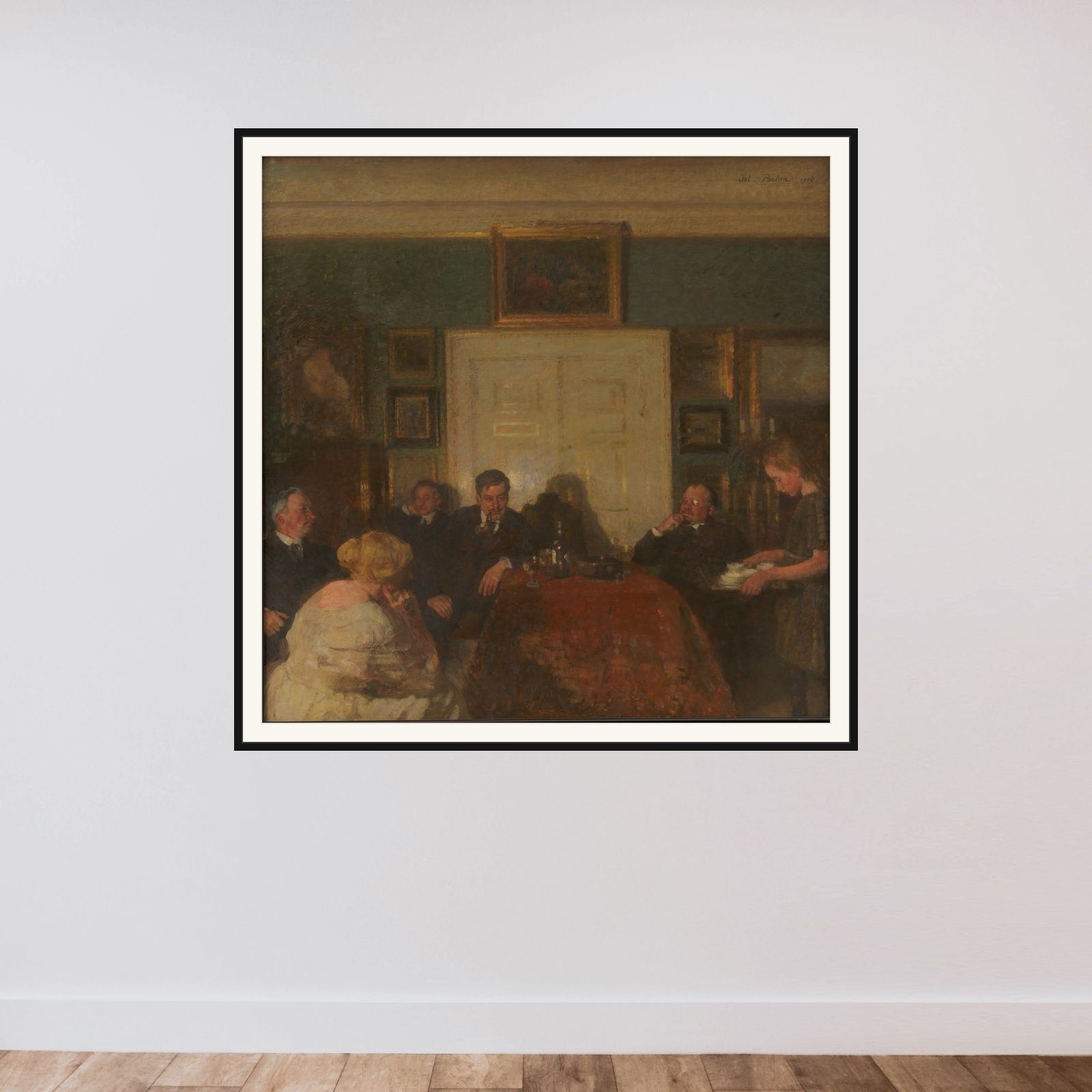 Aftenselskab i kunstnerens hjem framed — shown to scale