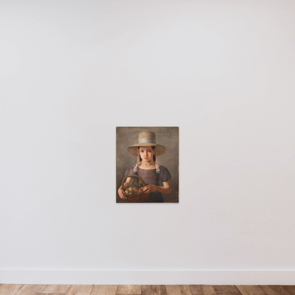 Pige med frugter i en kurv unframed — shown to scale