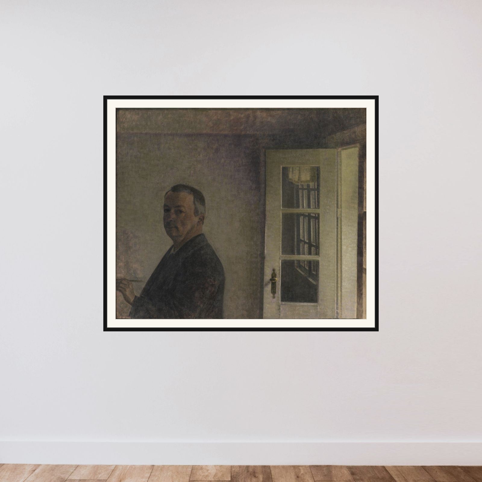 Selvportræt. Spurveskjul framed — shown to scale