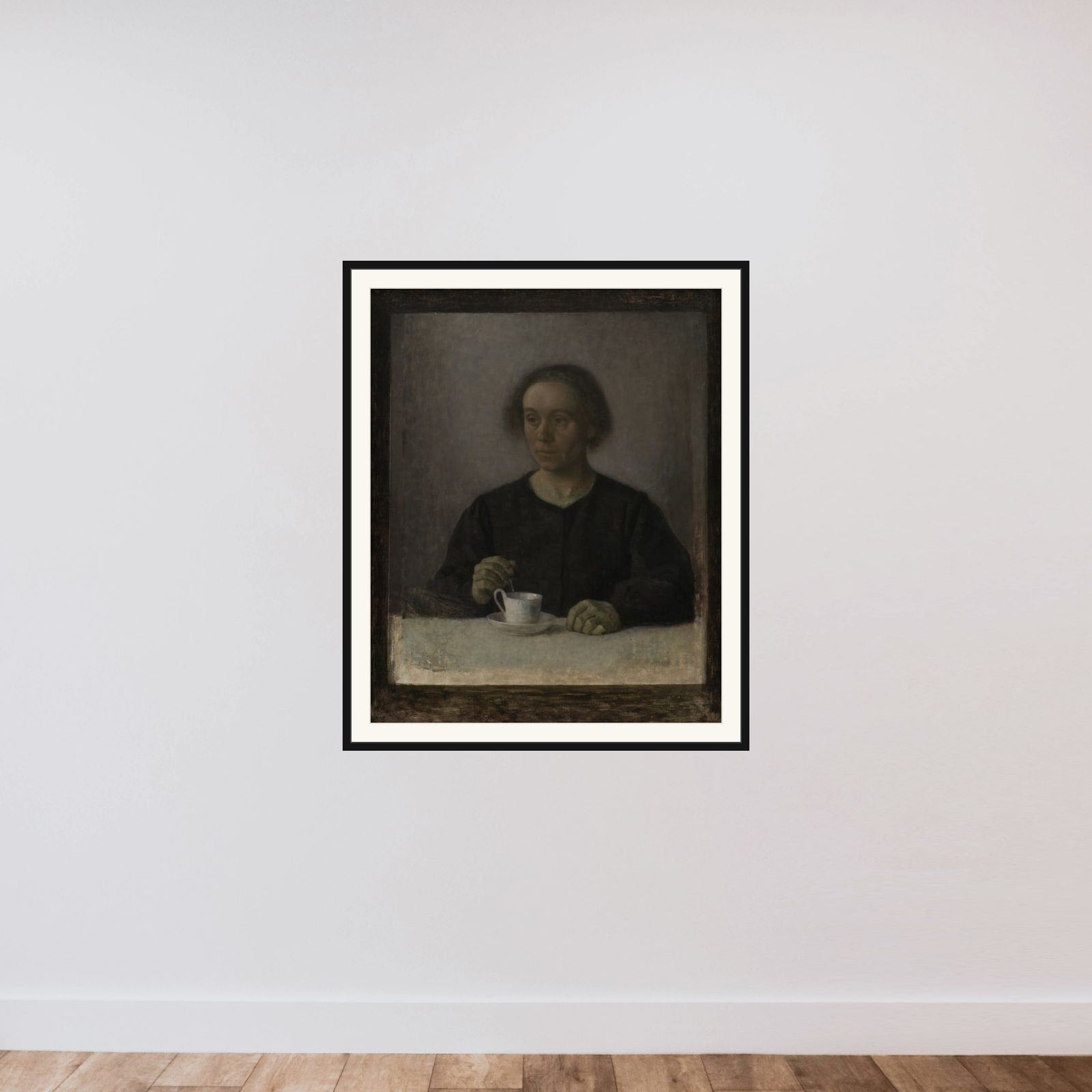 Kunstnerens hustru Ida Hammershøi med en tekop framed — shown to scale