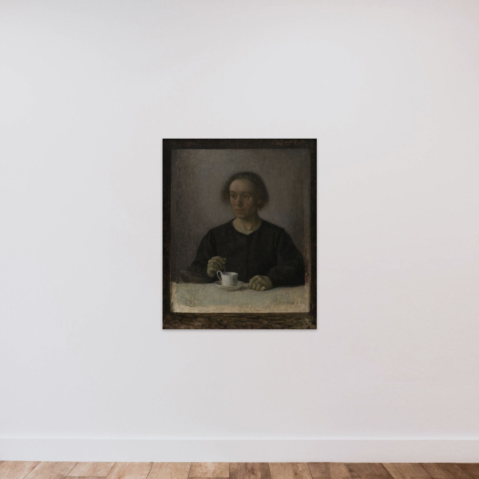Kunstnerens hustru Ida Hammershøi med en tekop unframed — shown to scale