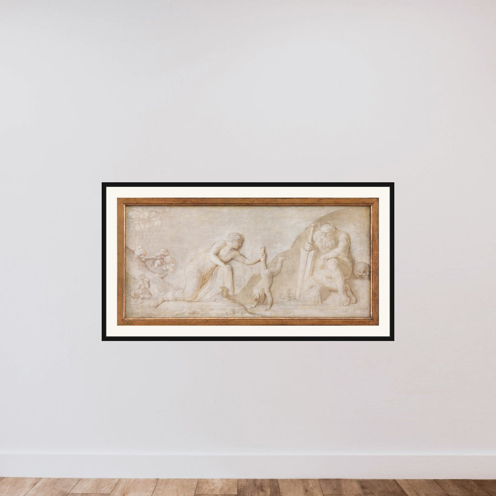 Thetis dypper sin spæde søn Achilleus i floden Styx for at gøre ham usårlig framed — shown to scale