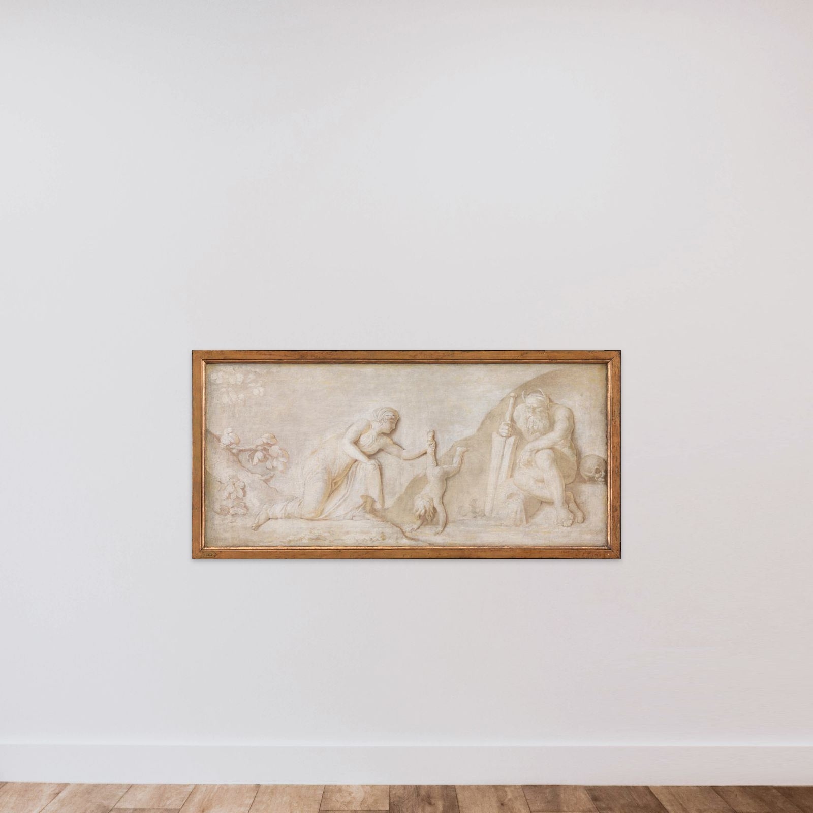 Thetis dypper sin spæde søn Achilleus i floden Styx for at gøre ham usårlig unframed — shown to scale