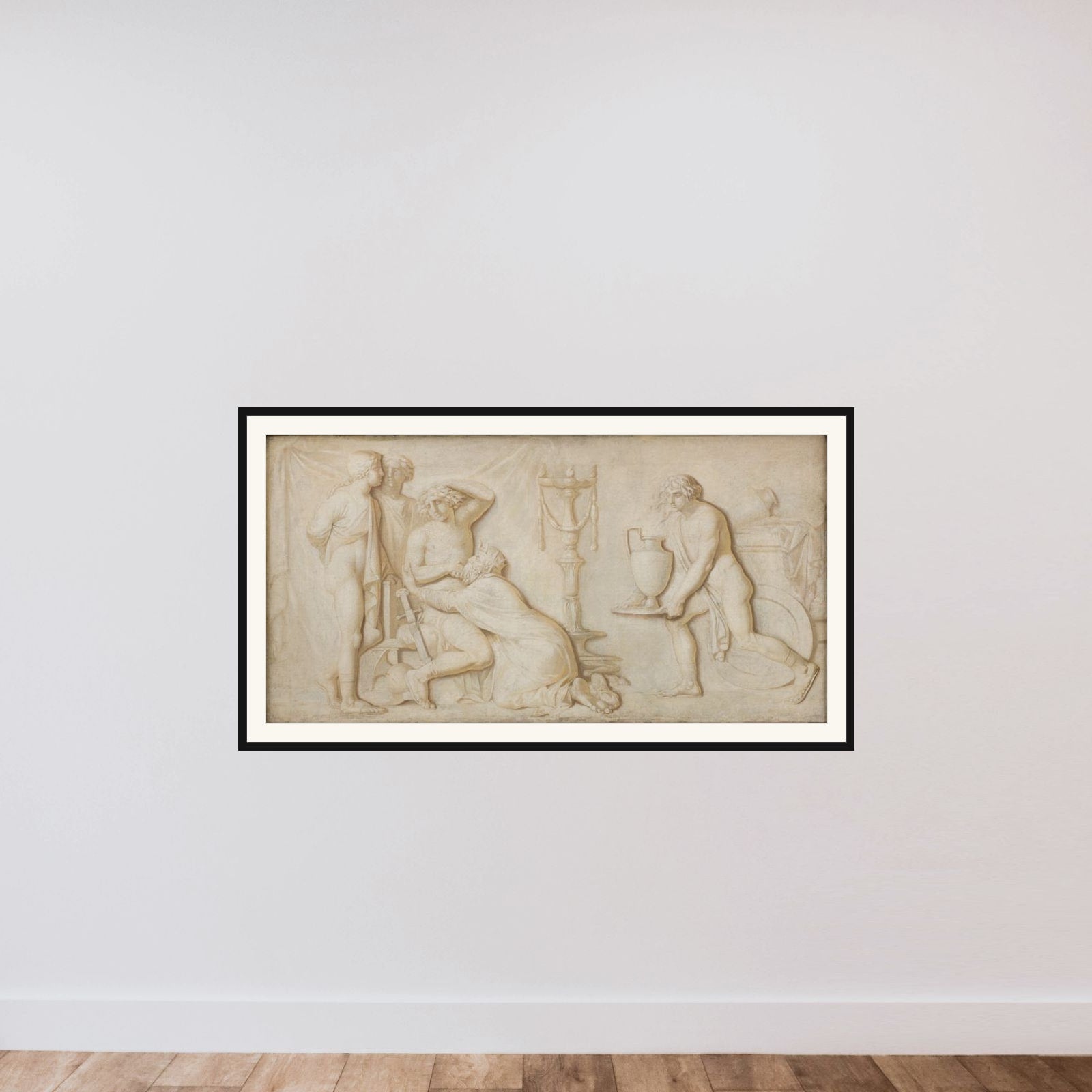 Kong Priamos bønfalder Achilleus om Hectors lig framed — shown to scale