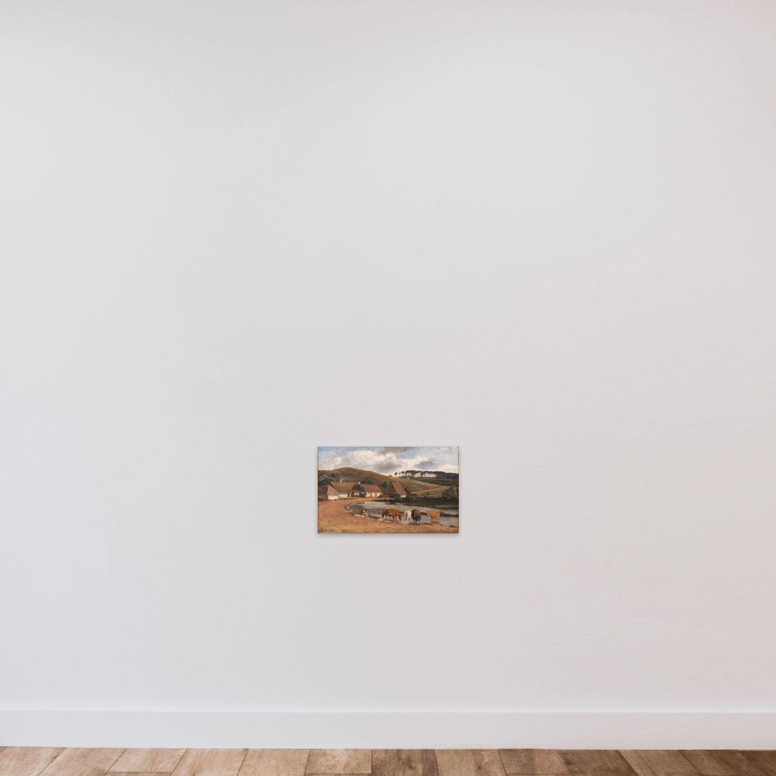 Køer vandes ved et gadekær. Brofelde unframed — shown to scale