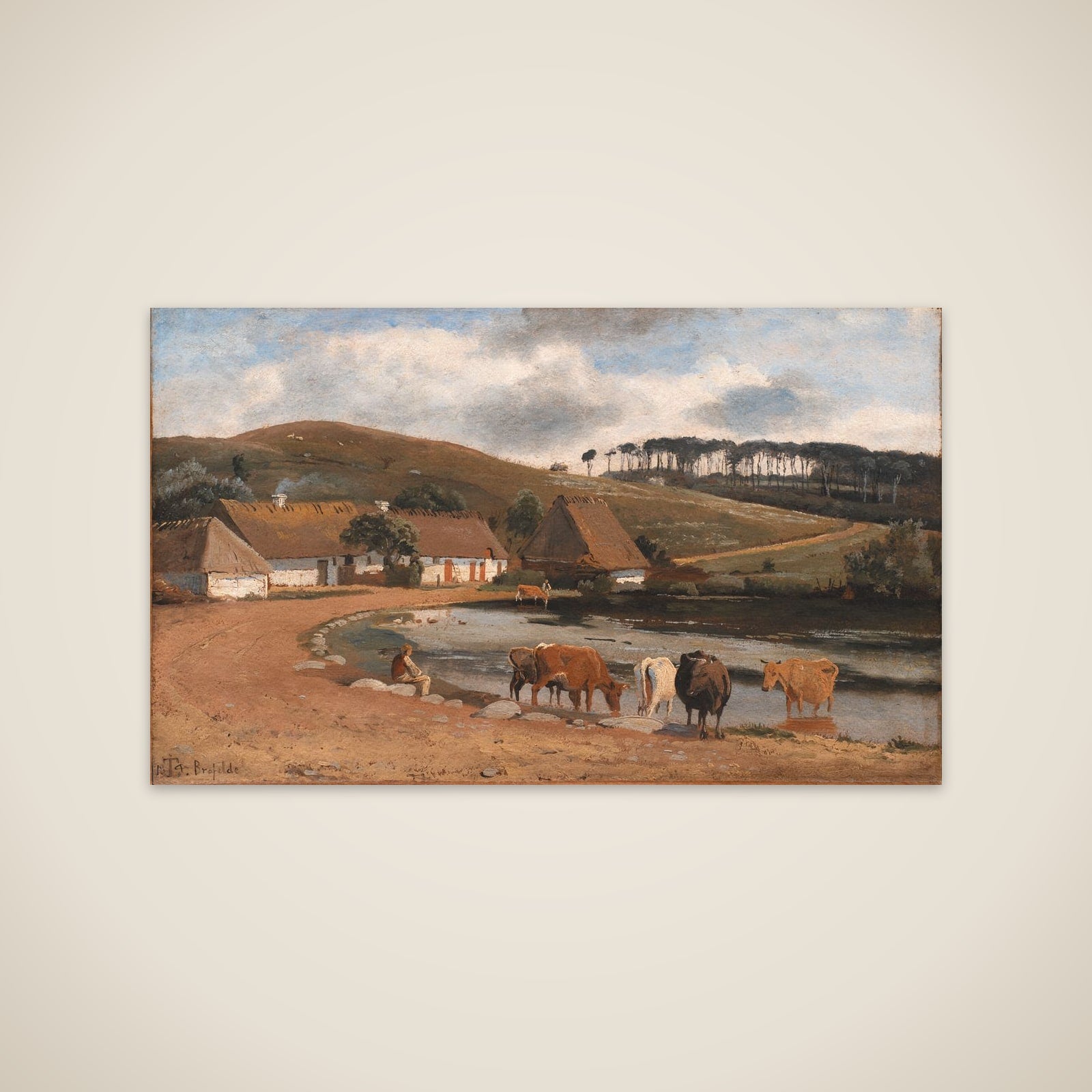 Køer vandes ved et gadekær. Brofelde unframed print