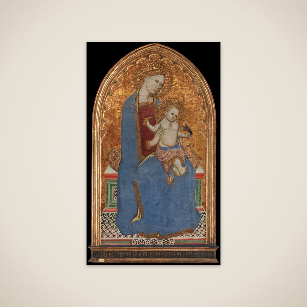 Madonna med Barnet, der leger med en stillids og holder et hirseaks i hånden unframed print