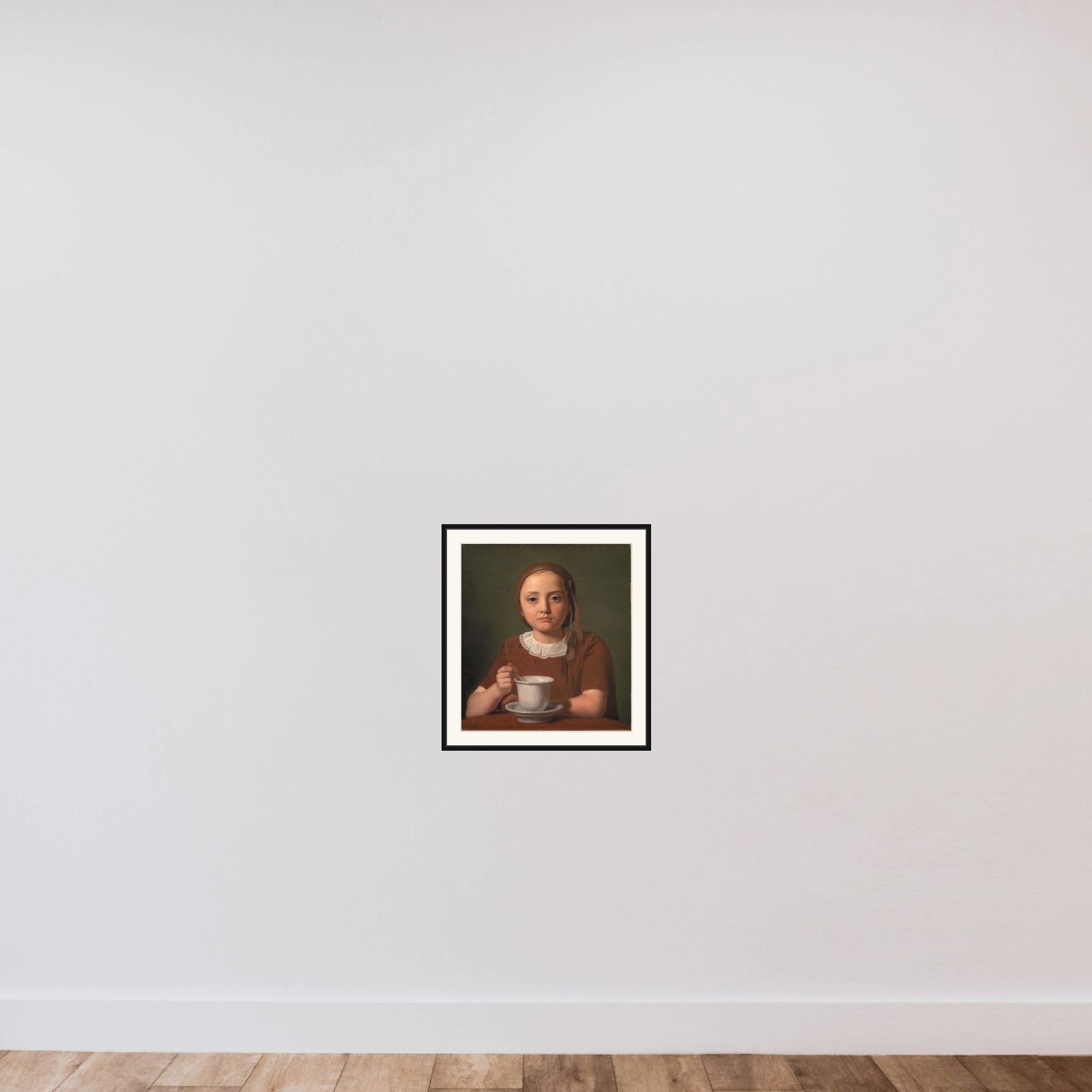 En lille pige, Elise Købke, med en kop foran sig framed — shown to scale
