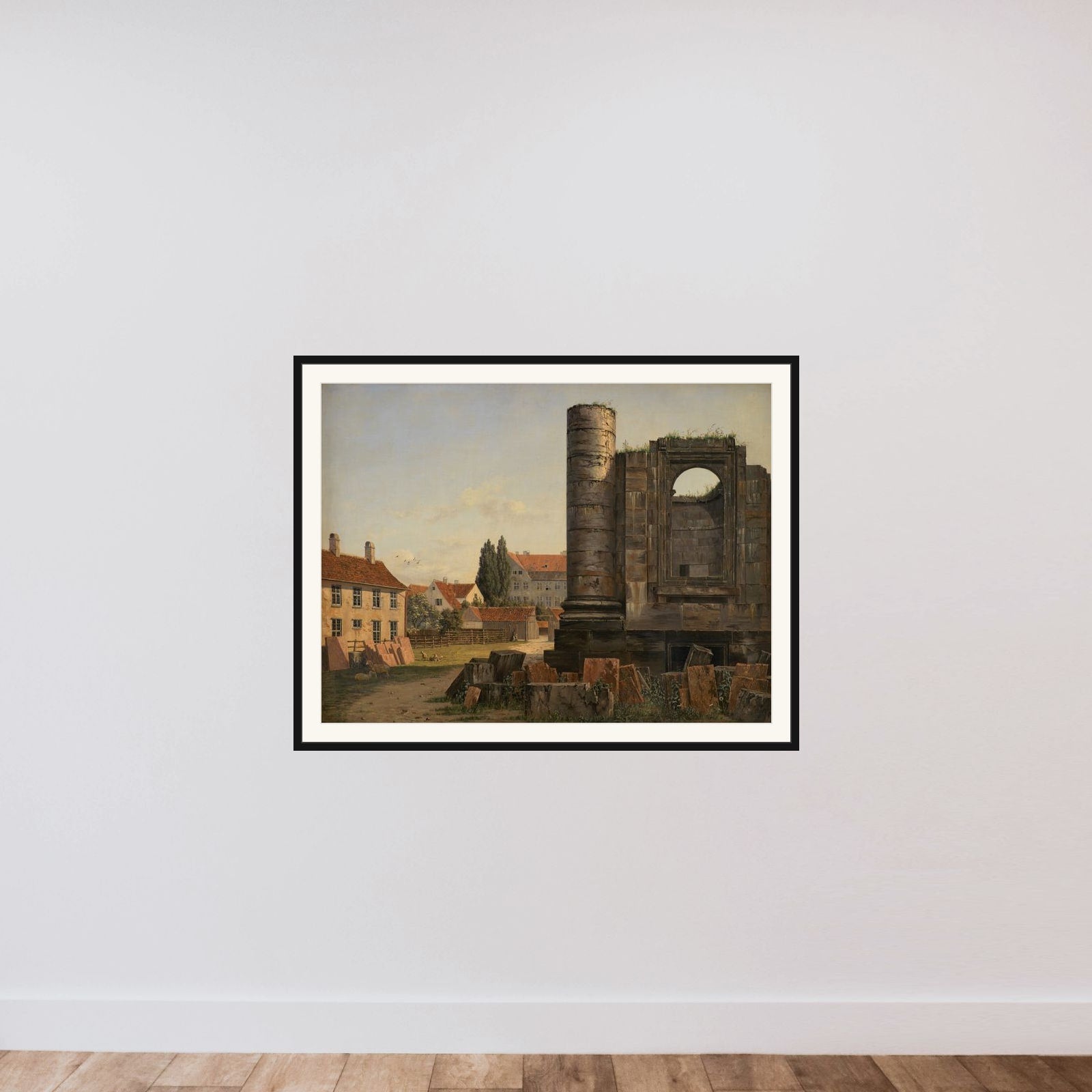 Parti af Marmorpladsen med ruinerne af den ufuldførte Frederikskirke framed — shown to scale