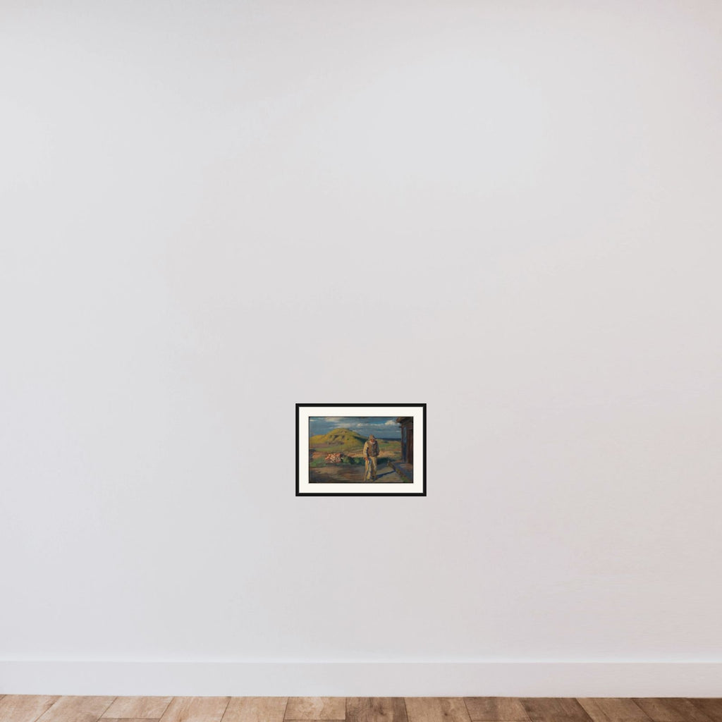 Blinde Kristian uden for sit hus framed — shown to scale