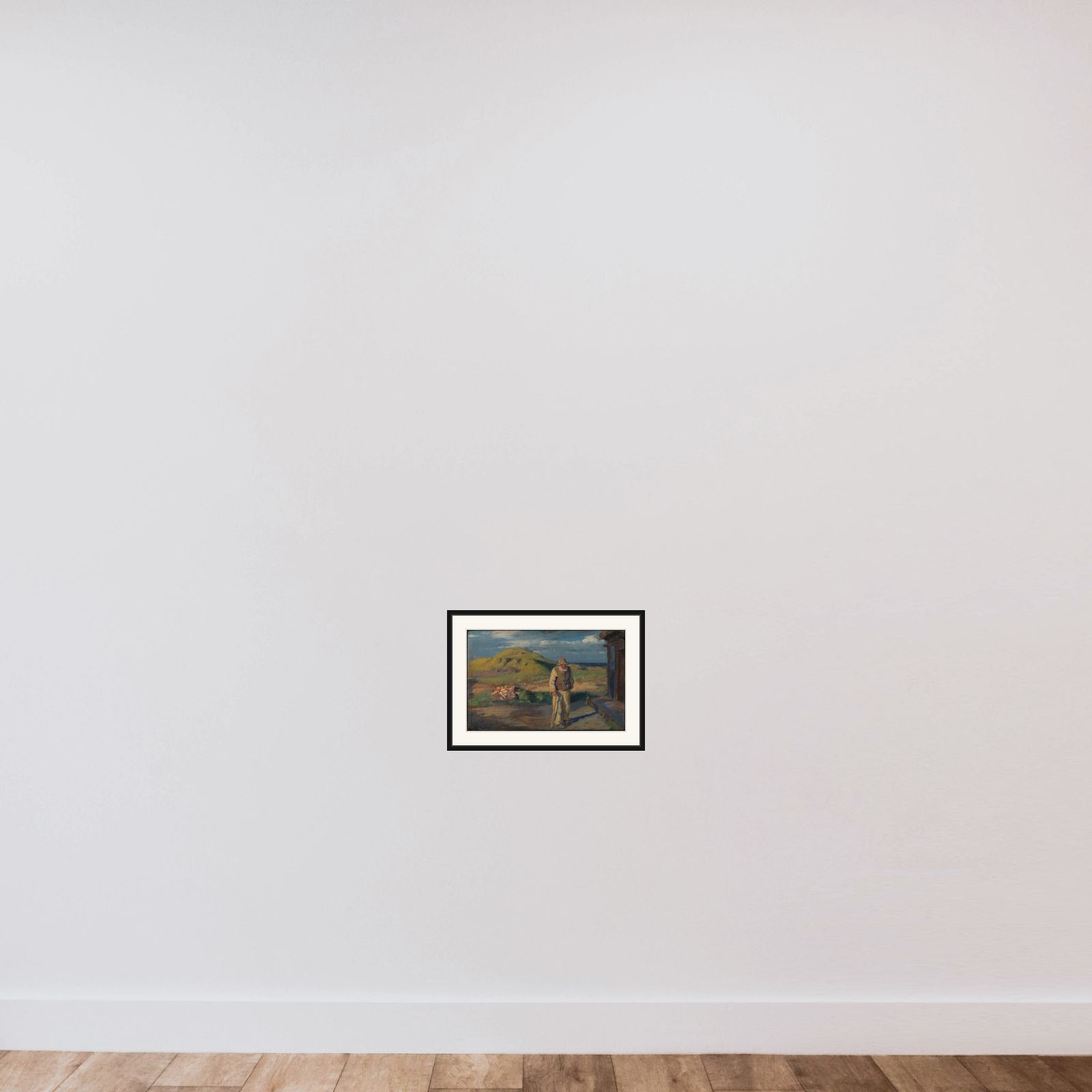 Blinde Kristian uden for sit hus framed — shown to scale