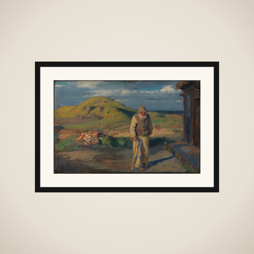 Blinde Kristian uden for sit hus framed