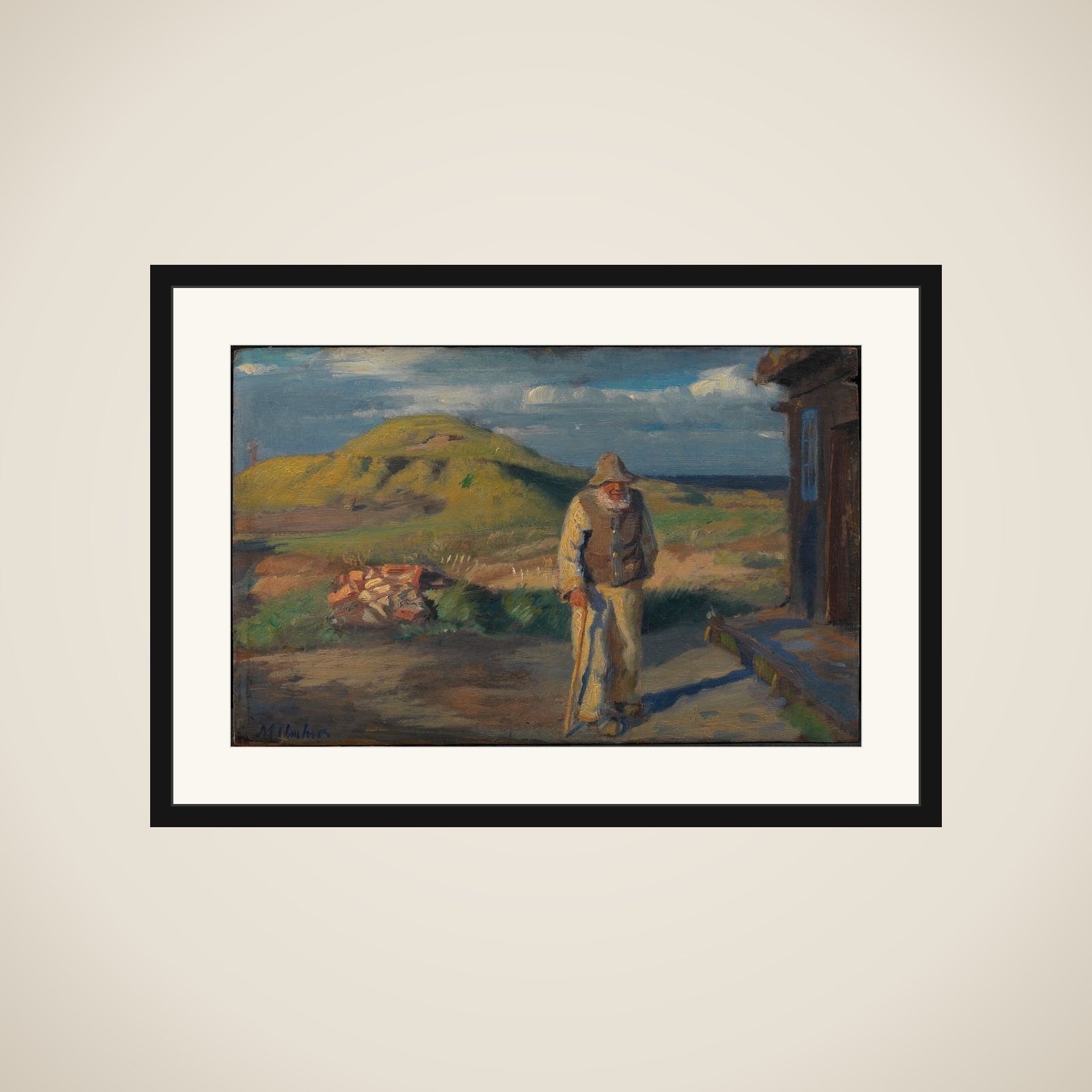 Blinde Kristian uden for sit hus framed