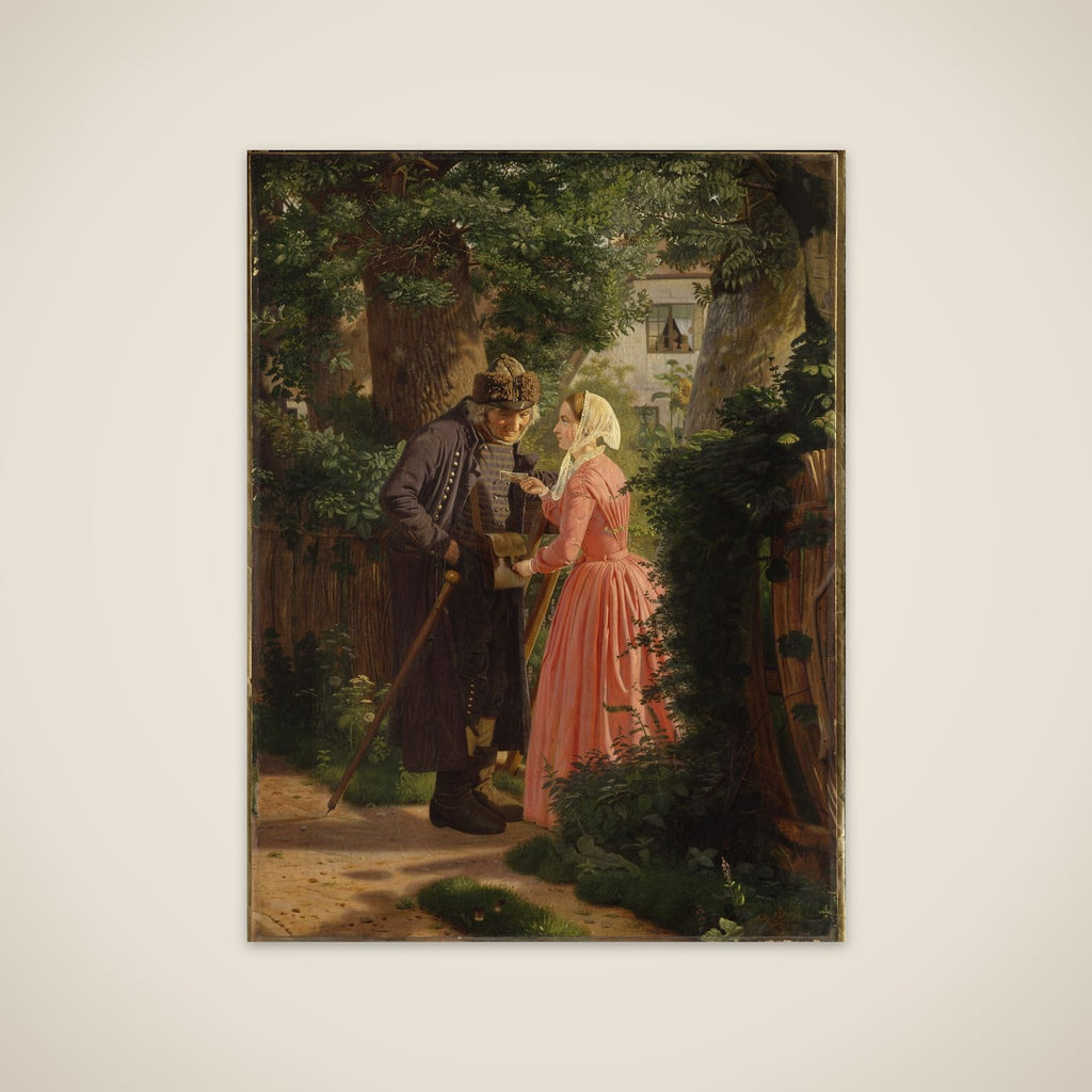 En ung pige beder landsbyens gamle postbud besørge et brev unframed print