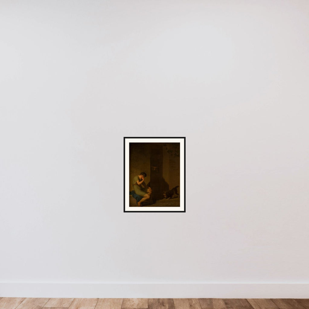 Den romerske digter Tibul der græder uden for sin elskedes dør, fordi han ingen penge har framed — shown to scale