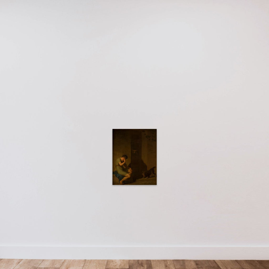 Den romerske digter Tibul der græder uden for sin elskedes dør, fordi han ingen penge har unframed — shown to scale