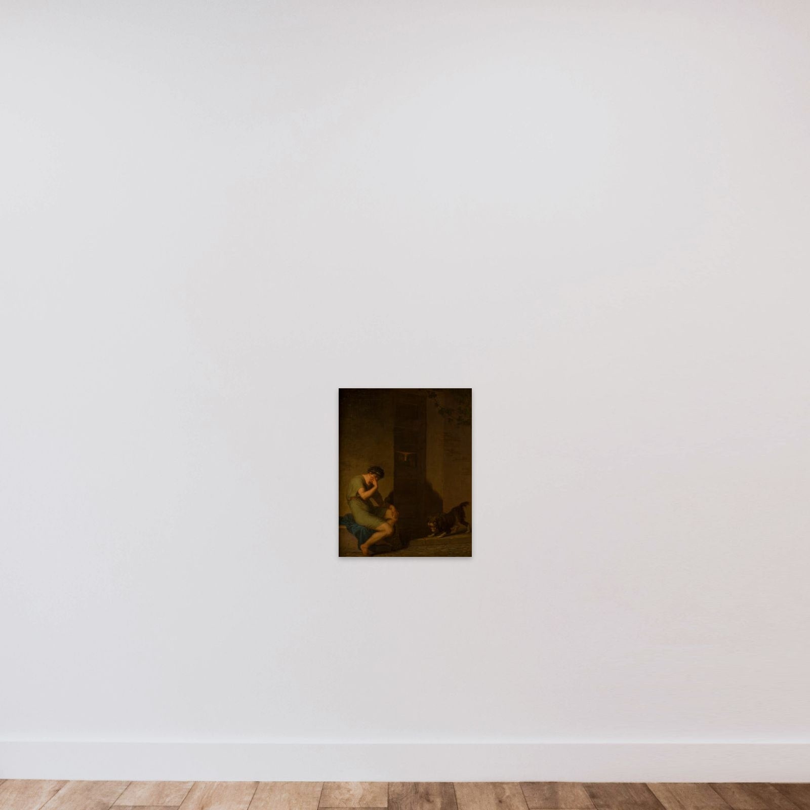Den romerske digter Tibul der græder uden for sin elskedes dør, fordi han ingen penge har unframed — shown to scale