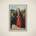 Kristusbarnet tilbedes af Jomfru Maria, der knæler mellem to musicerende engle framed