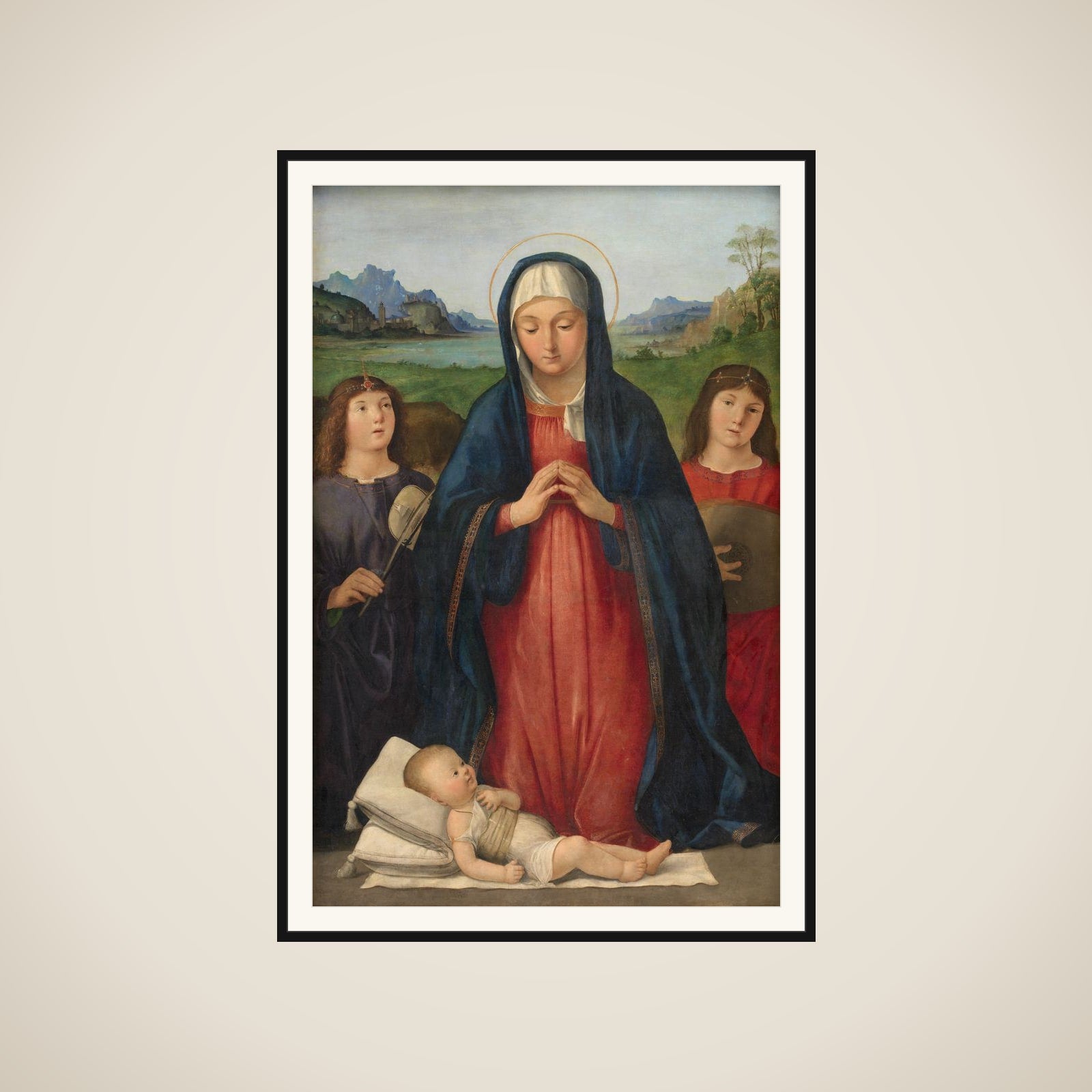 Kristusbarnet tilbedes af Jomfru Maria, der knæler mellem to musicerende engle framed