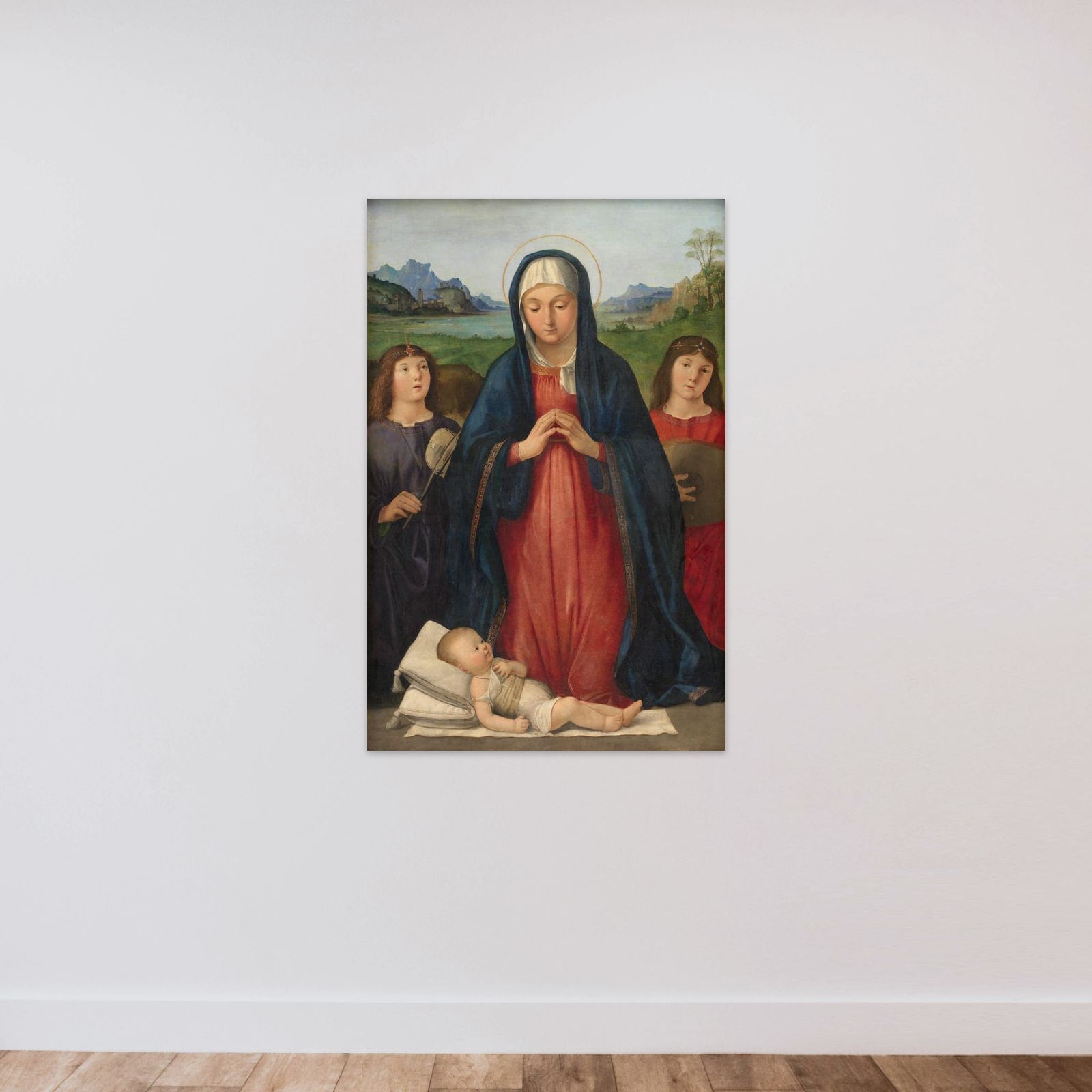 Kristusbarnet tilbedes af Jomfru Maria, der knæler mellem to musicerende engle unframed — shown to scale