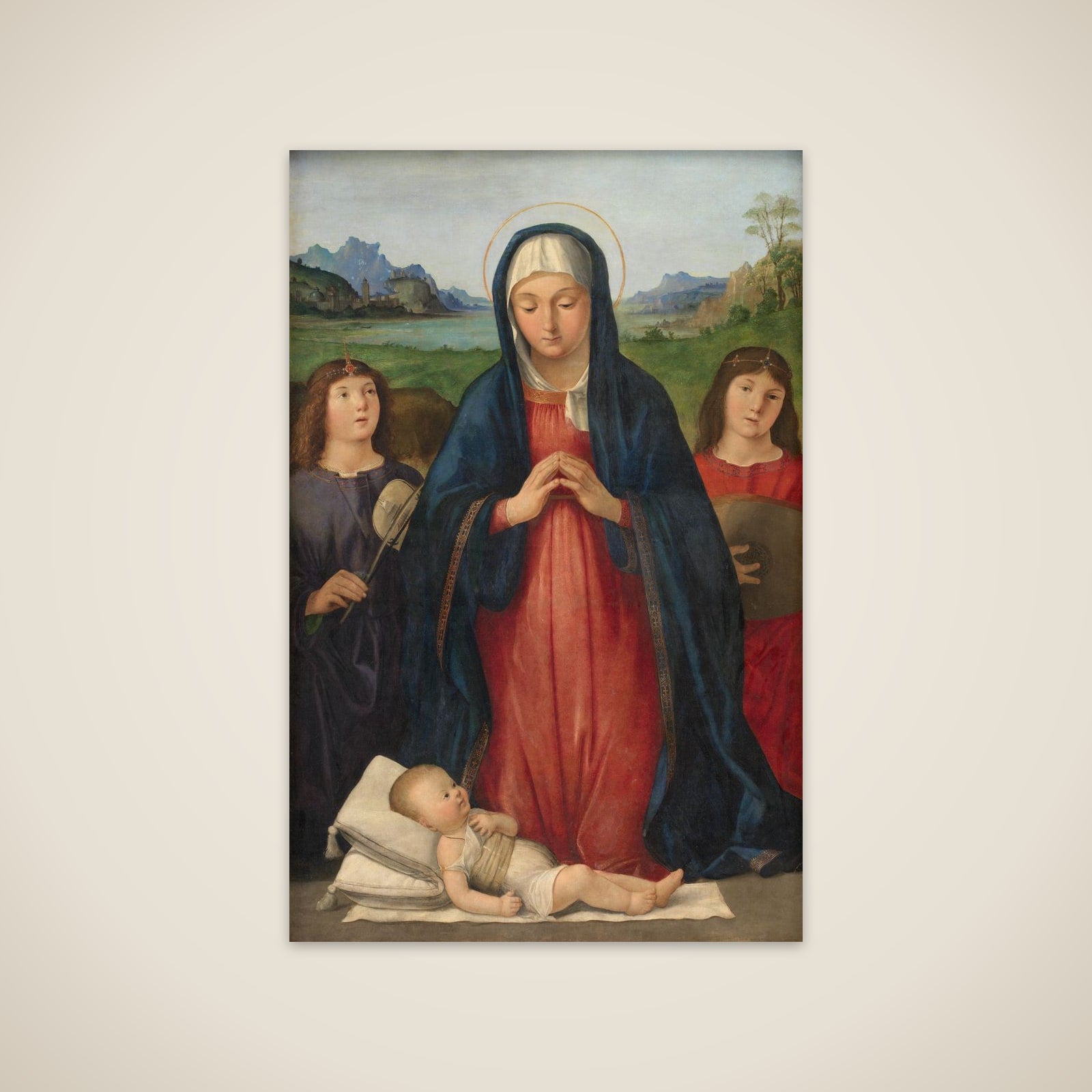 Kristusbarnet tilbedes af Jomfru Maria, der knæler mellem to musicerende engle unframed print