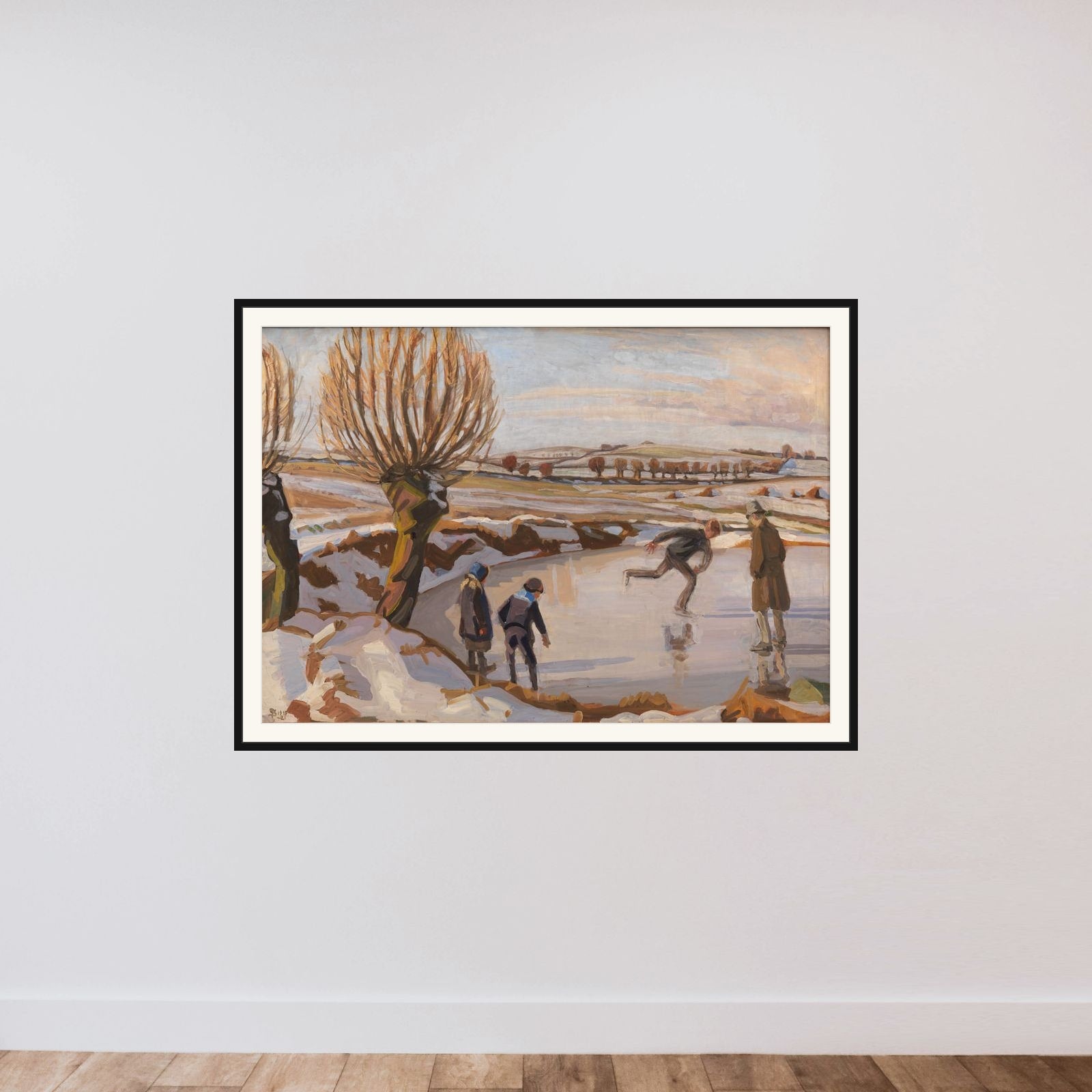 Vinteren er kommet. Landskab med skøjteløbere framed — shown to scale