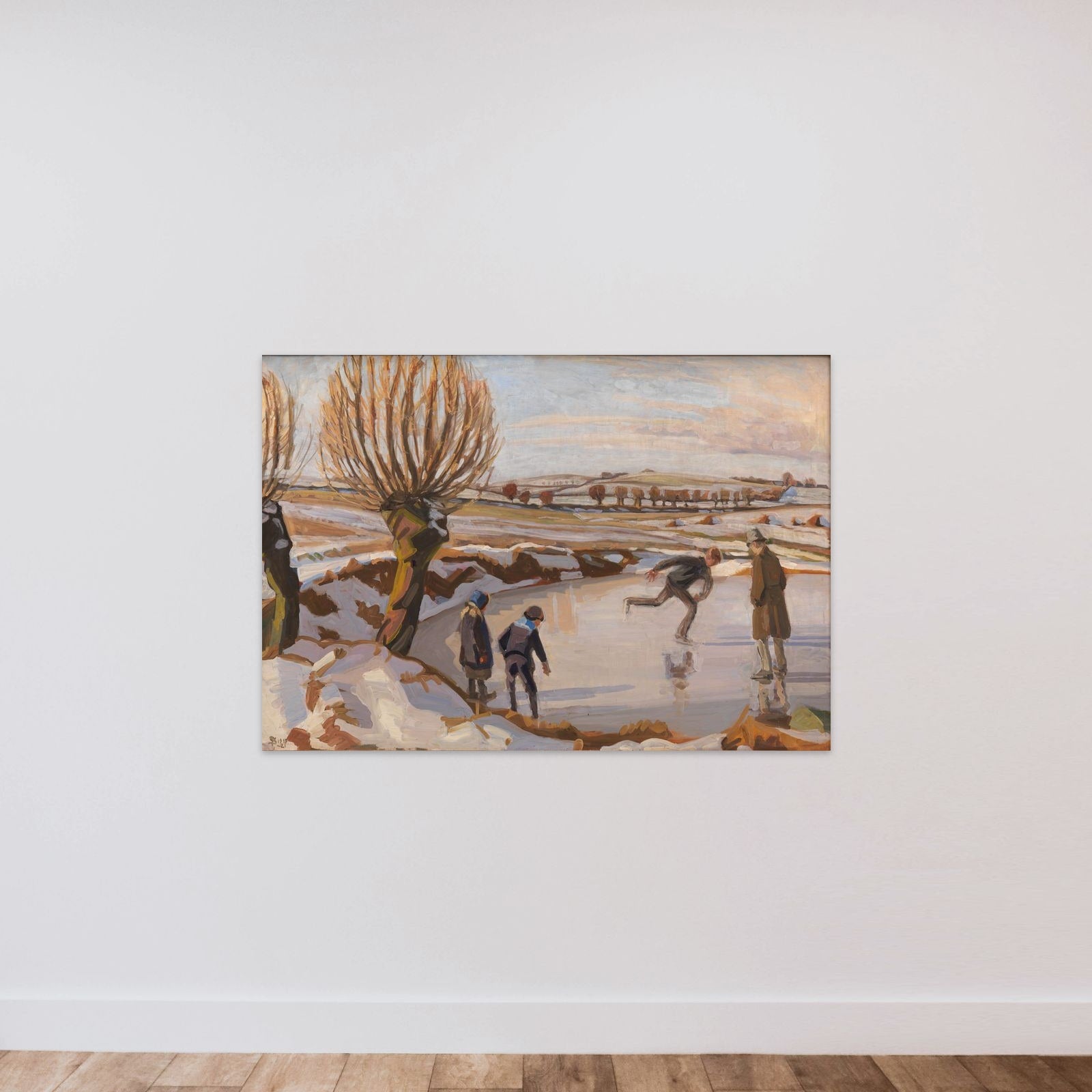 Vinteren er kommet. Landskab med skøjteløbere unframed — shown to scale