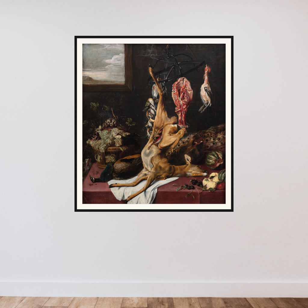 Vildt og frugter framed — shown to scale