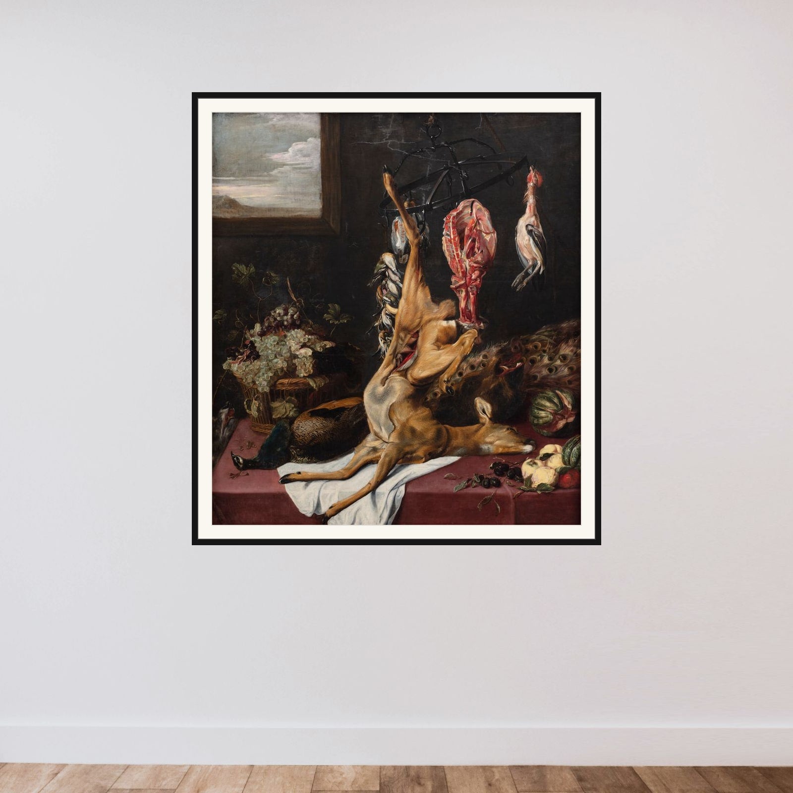 Vildt og frugter framed — shown to scale