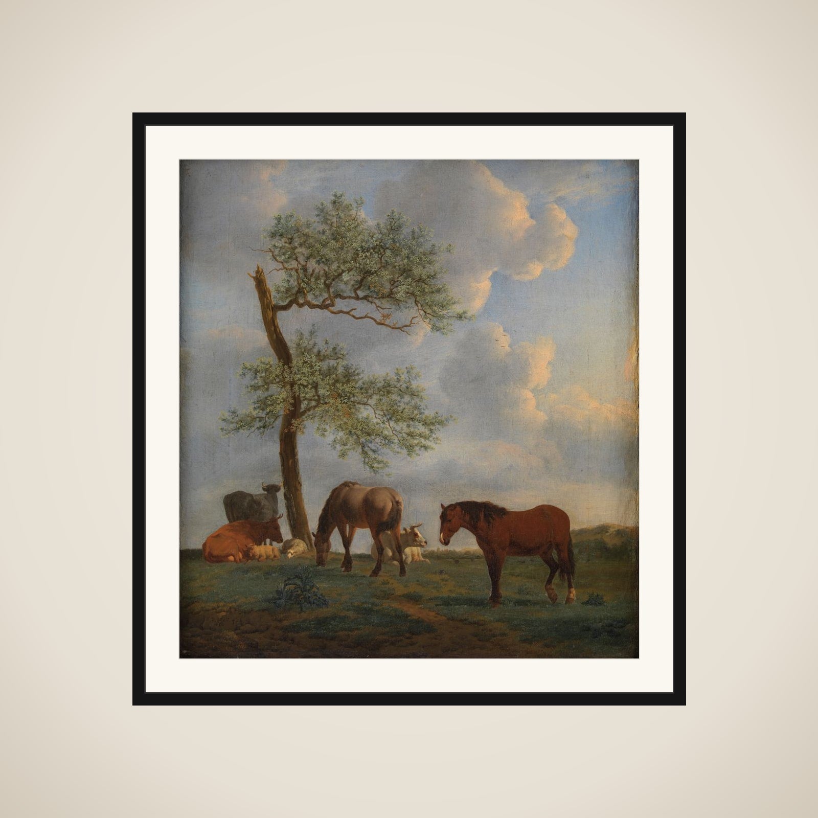 Græsgang med heste og kvæg framed
