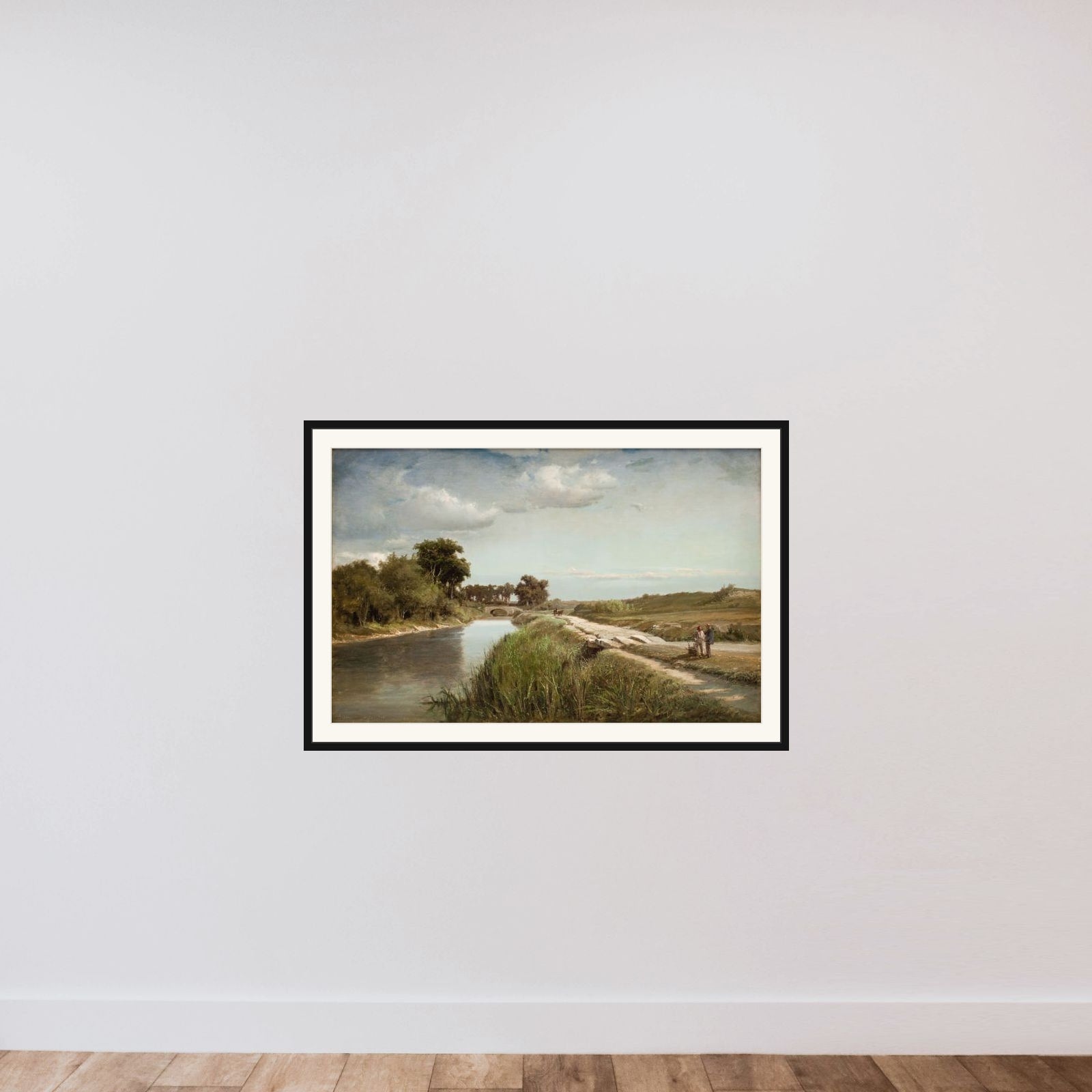 Fransk flodlandskab med en bro framed — shown to scale