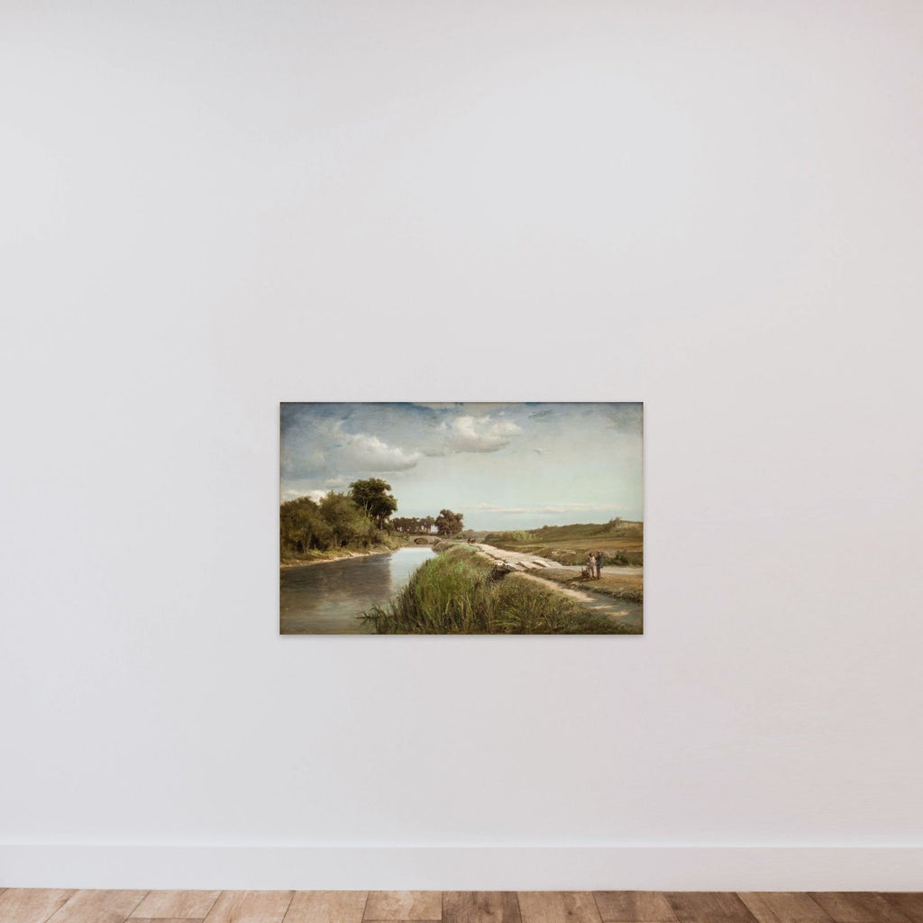 Fransk flodlandskab med en bro unframed — shown to scale