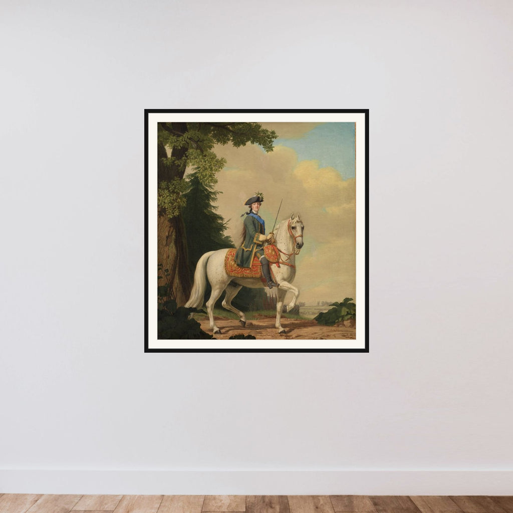 Katharina II af Rusland, ridende i garderuniform på hesten Brillante, den 28. juni 1762 framed — shown to scale
