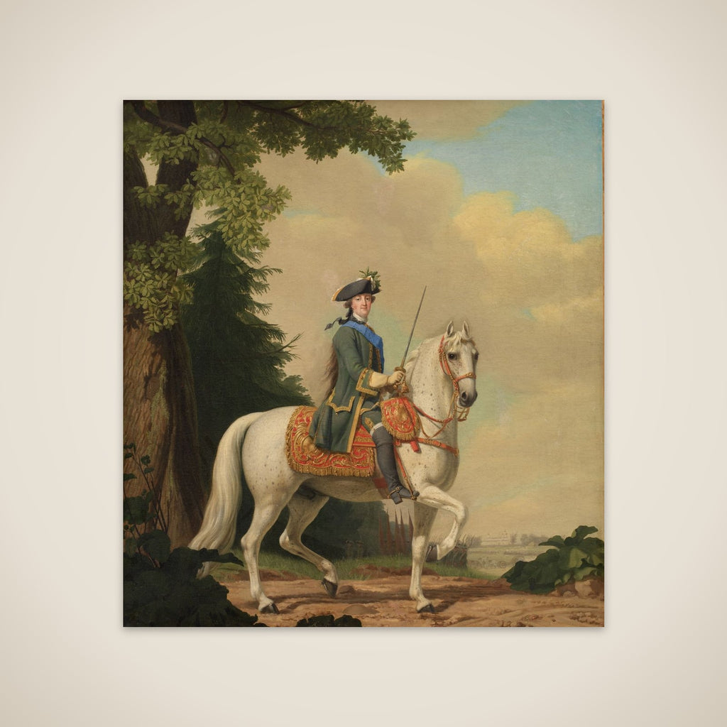 Katharina II af Rusland, ridende i garderuniform på hesten Brillante, den 28. juni 1762 unframed print