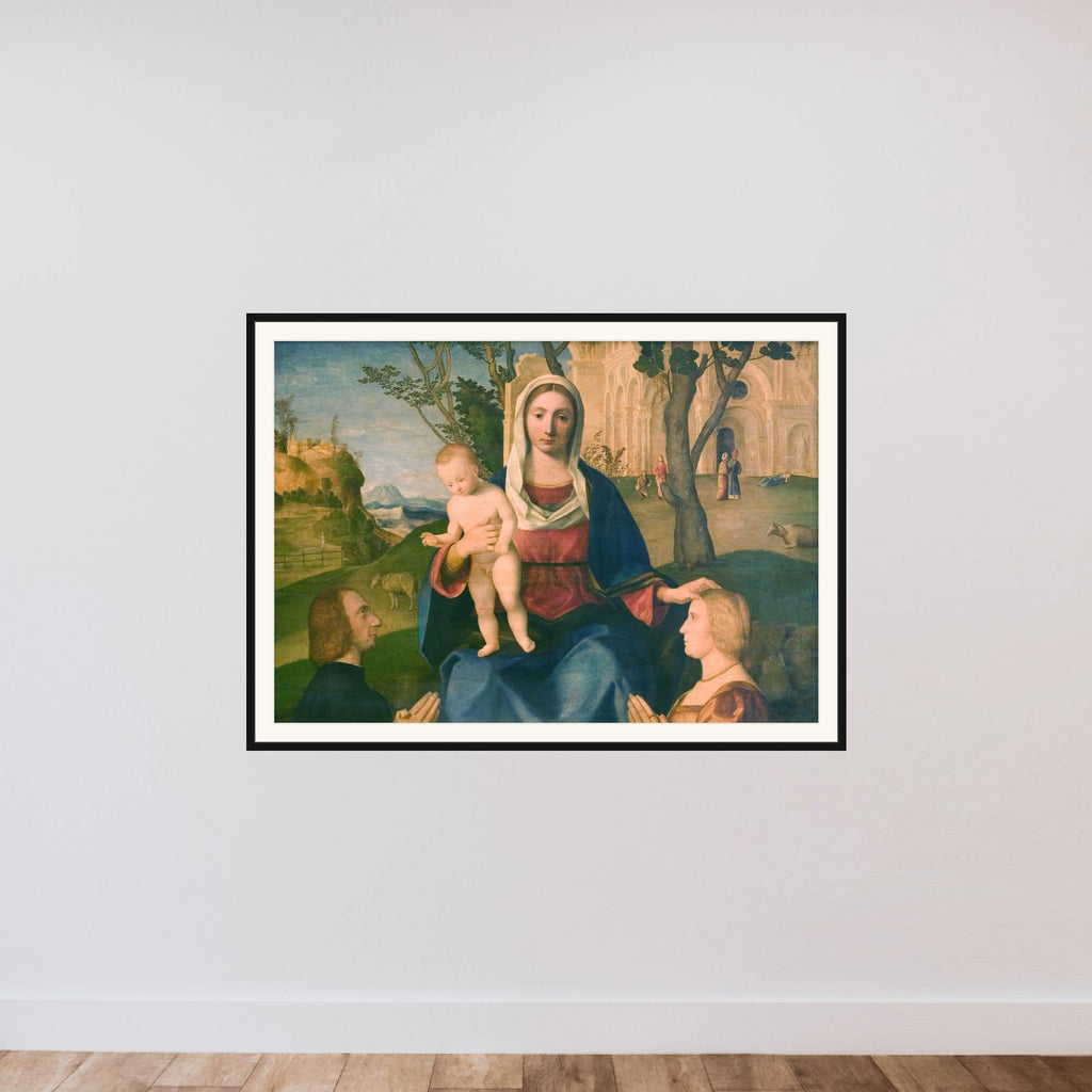 Madonna med Barnet og to stiftere framed — shown to scale