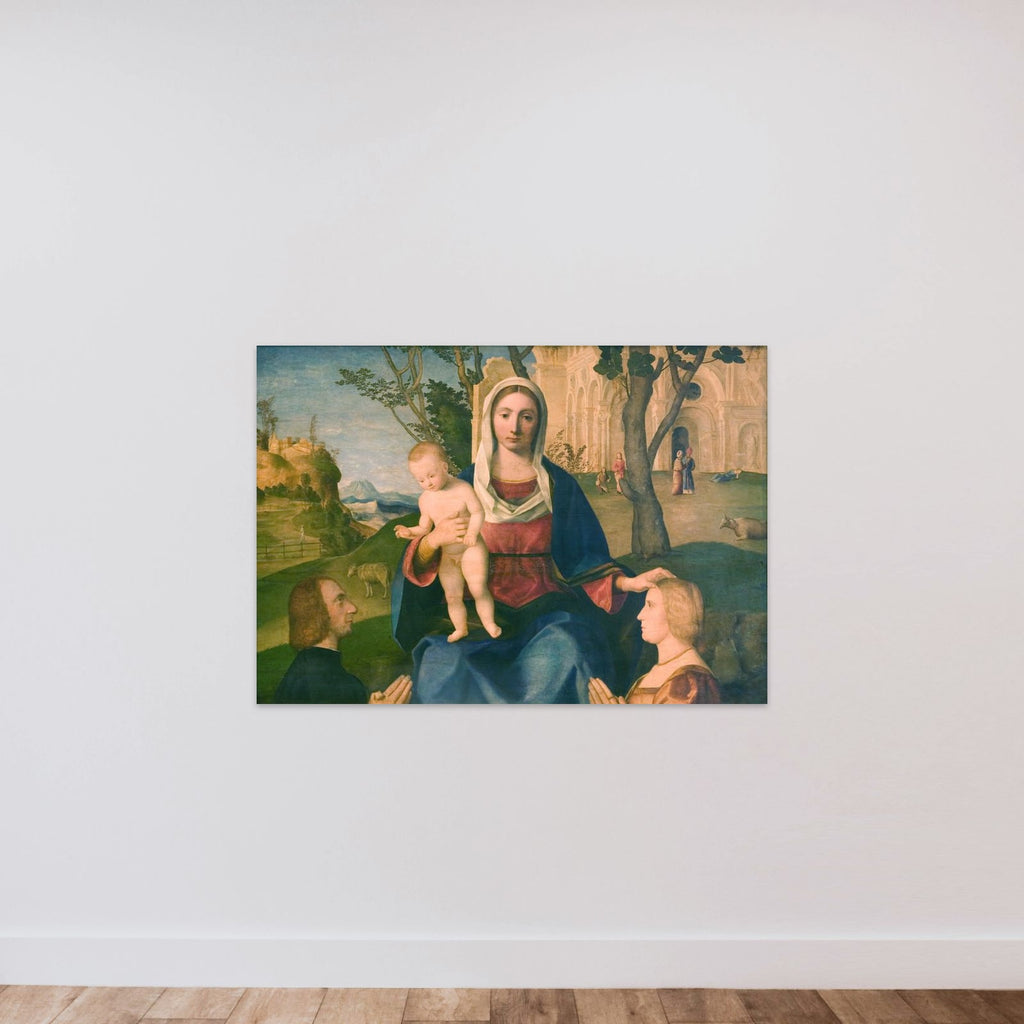 Madonna med Barnet og to stiftere unframed — shown to scale