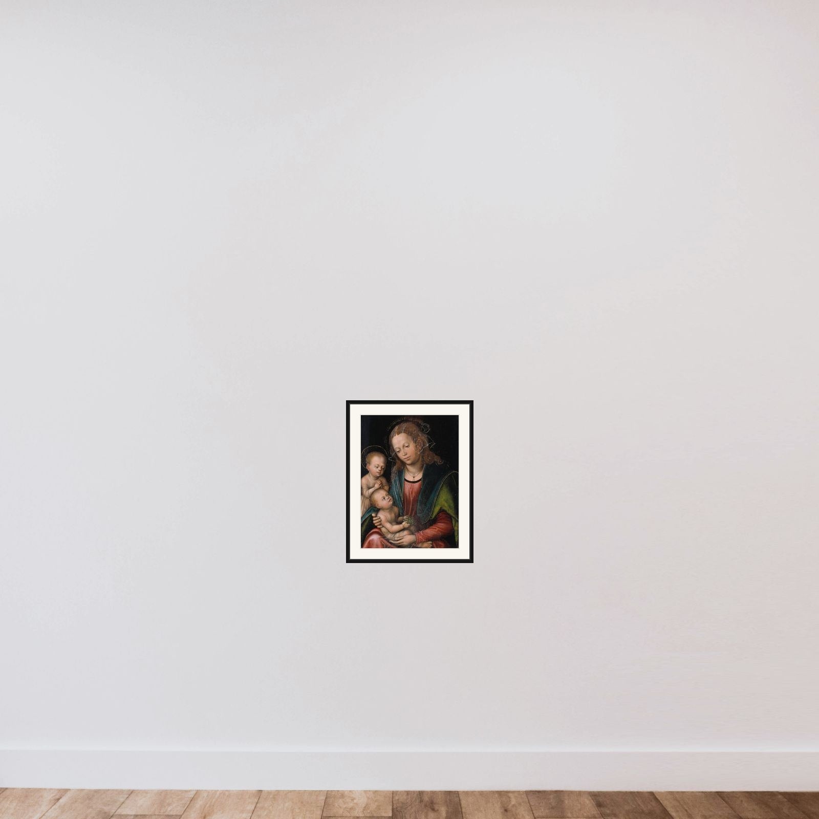 Maria med barnet og den lille Johannes framed — shown to scale