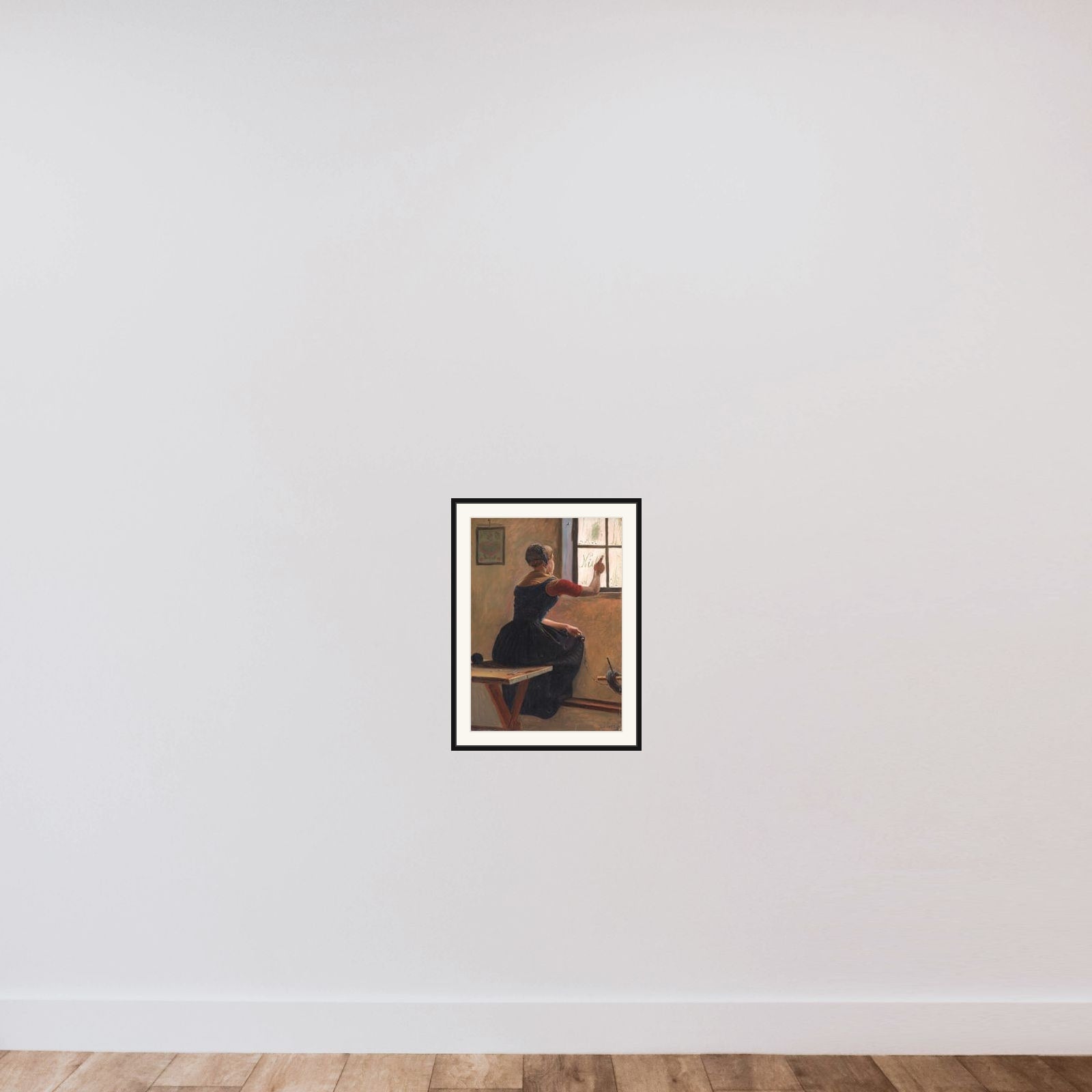 En ung jysk bondepige skriver vennens navn på den duggede rude framed — shown to scale