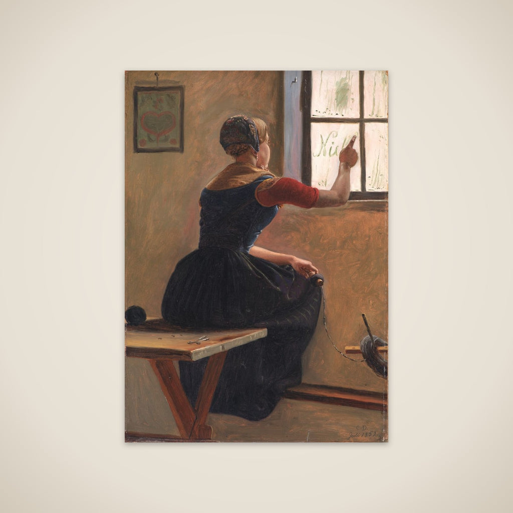 En ung jysk bondepige skriver vennens navn på den duggede rude unframed print