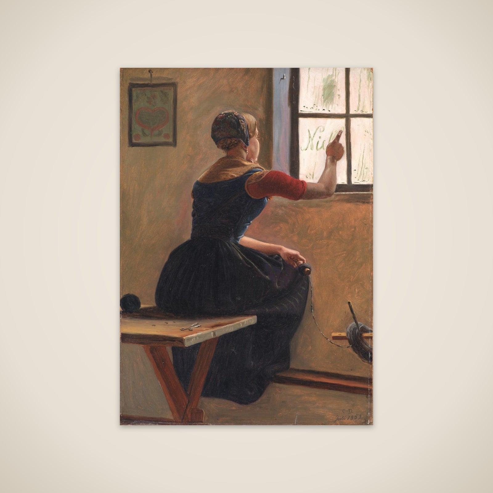 En ung jysk bondepige skriver vennens navn på den duggede rude unframed print