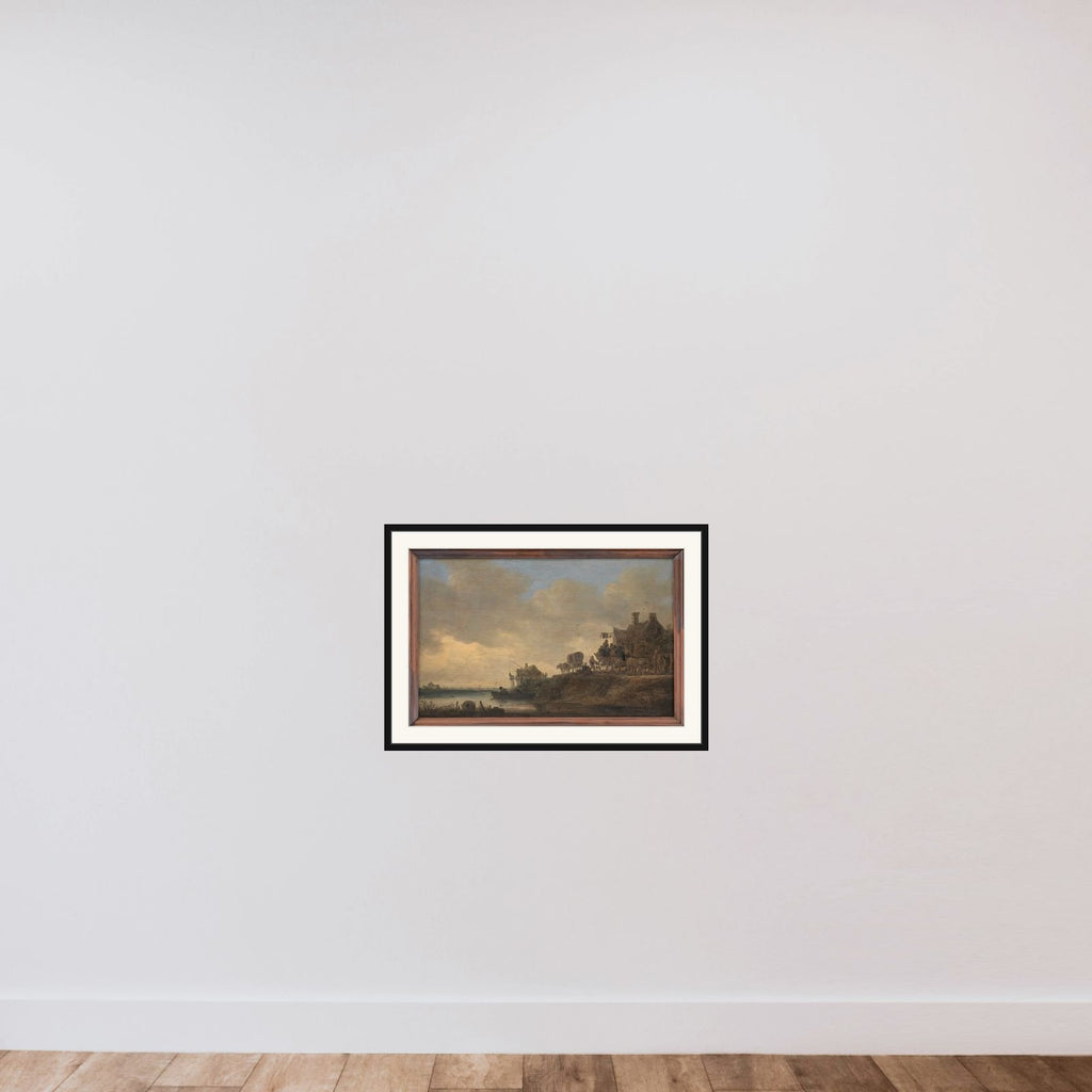Flodlandskab med værtshuset "Svanen" framed — shown to scale