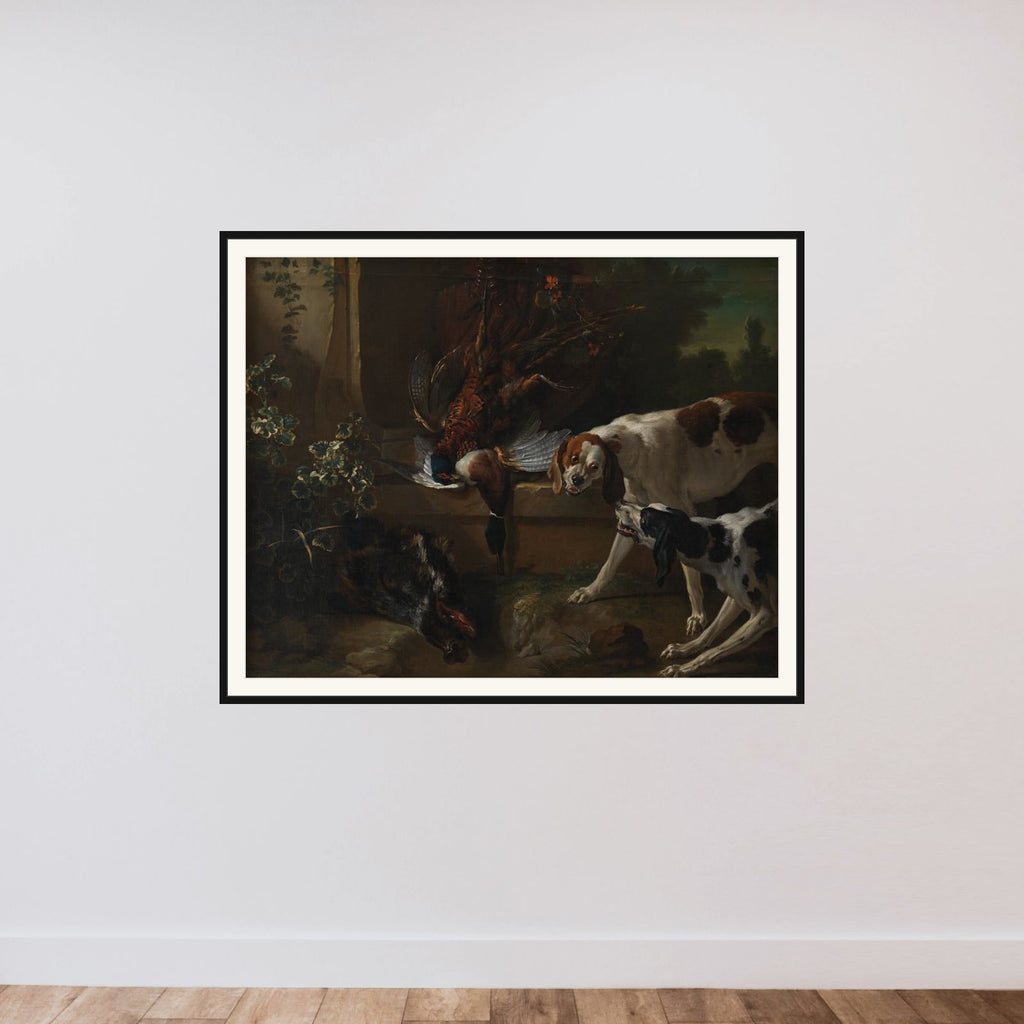 Jagthunde og vildt framed — shown to scale